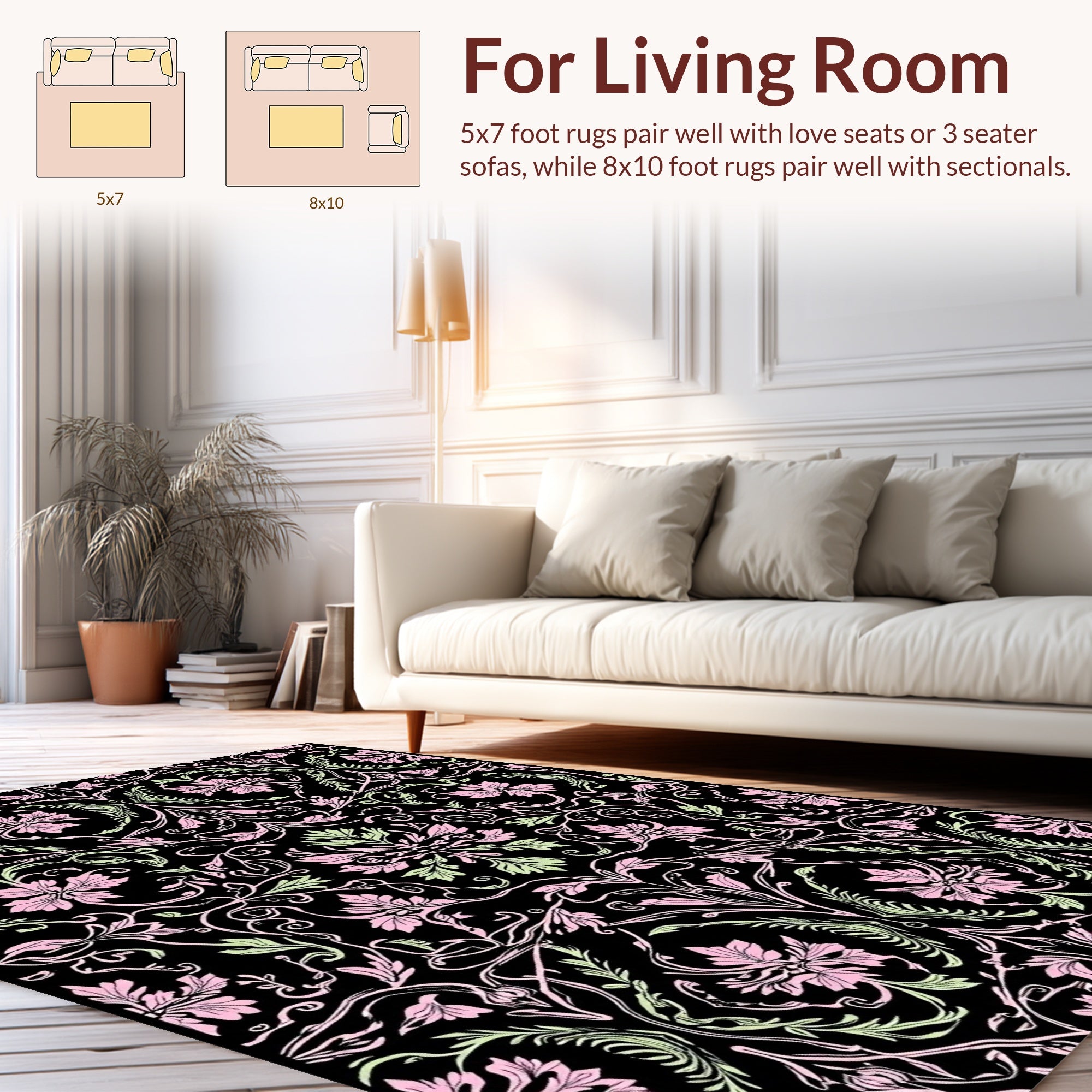 Pink and Green Floral Vines Pattern Rug