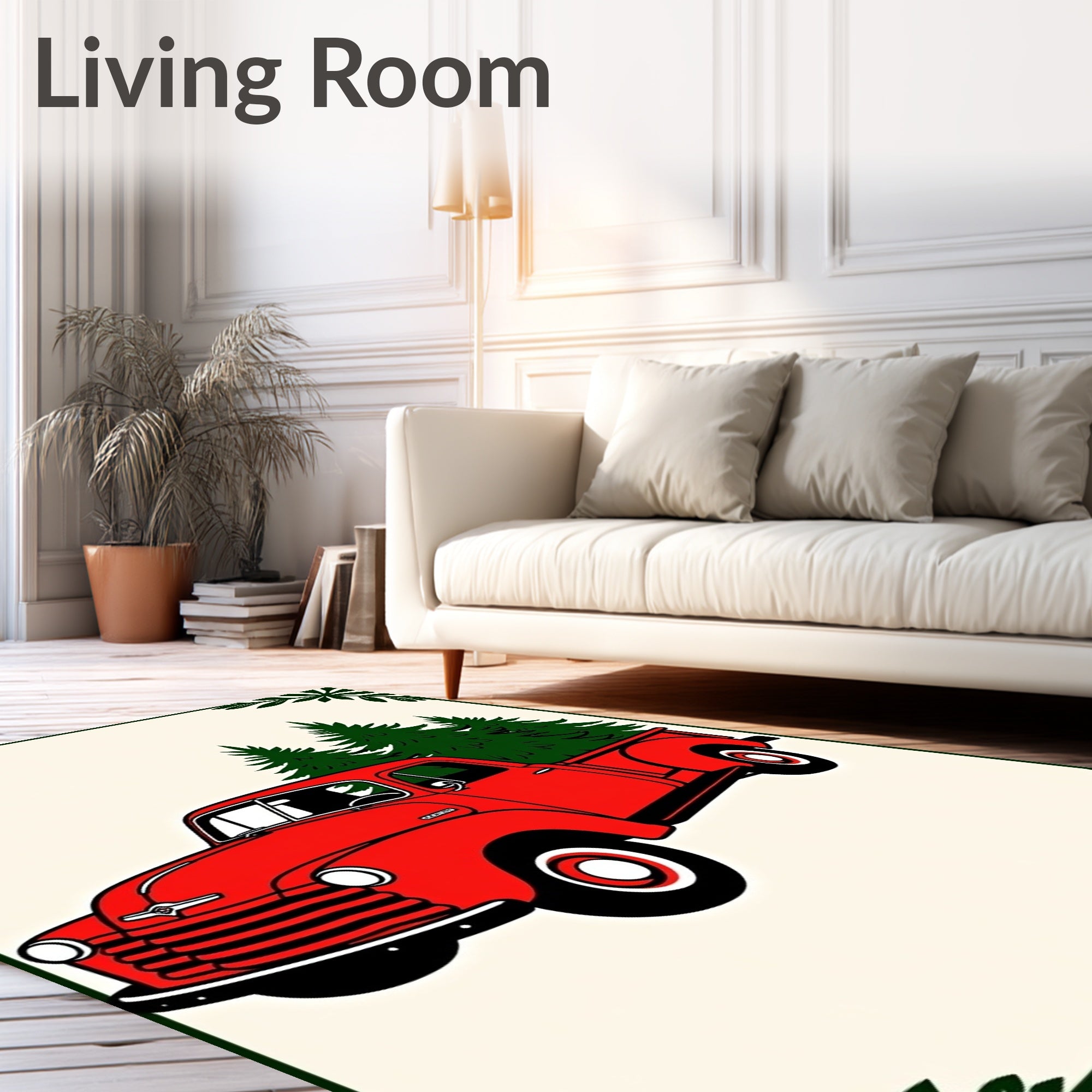 Red Vintage Truck Evergreen Trees Border Rug