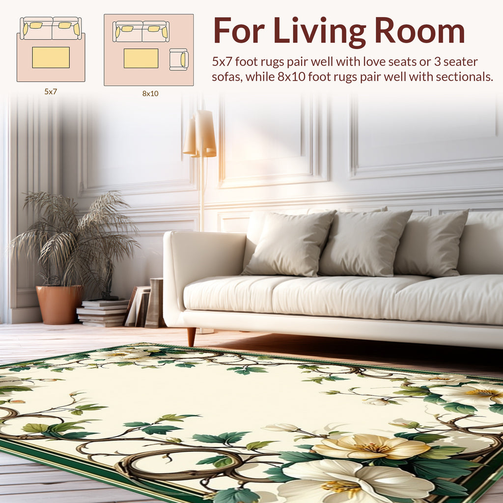 Ornate White Floral Vine Pattern Rug