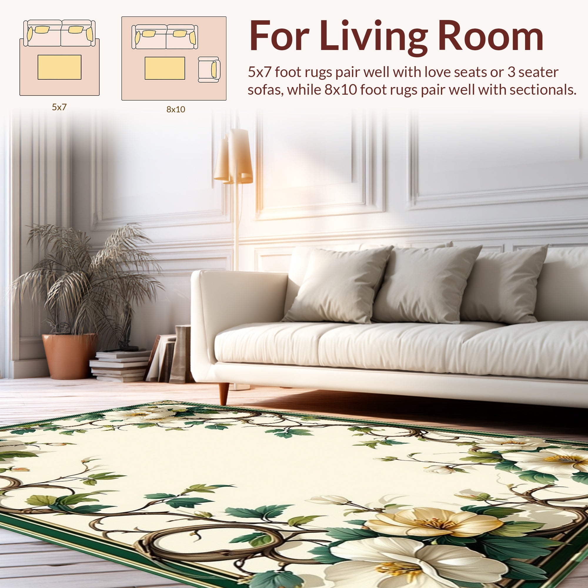 Ornate White Floral Vine Pattern Rug