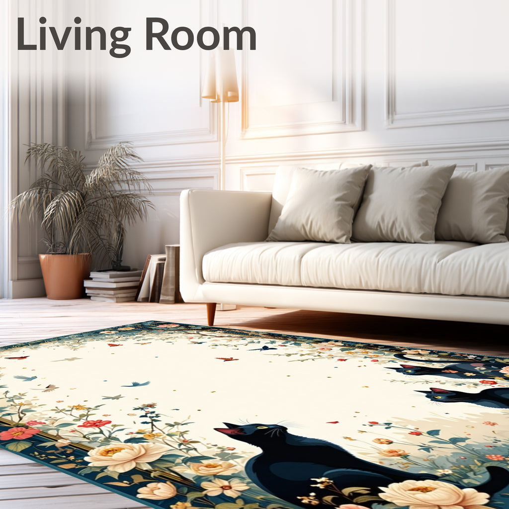 Whimsical Black Cats Floral Garden Rug