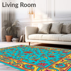 Vibrant Teal Floral Scroll Rug