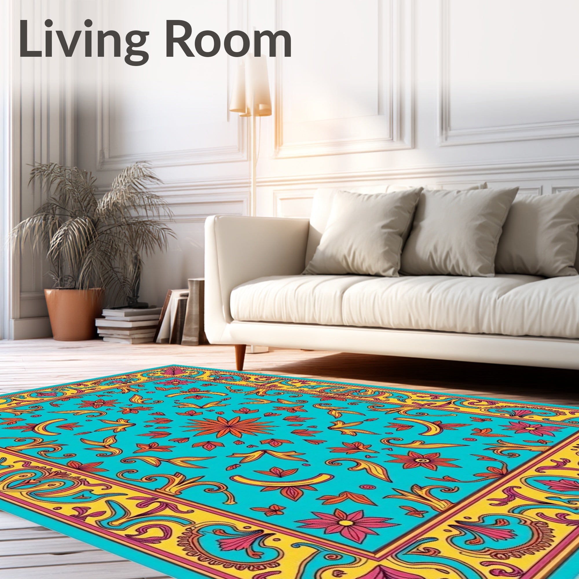 Vibrant Teal Floral Scroll Rug