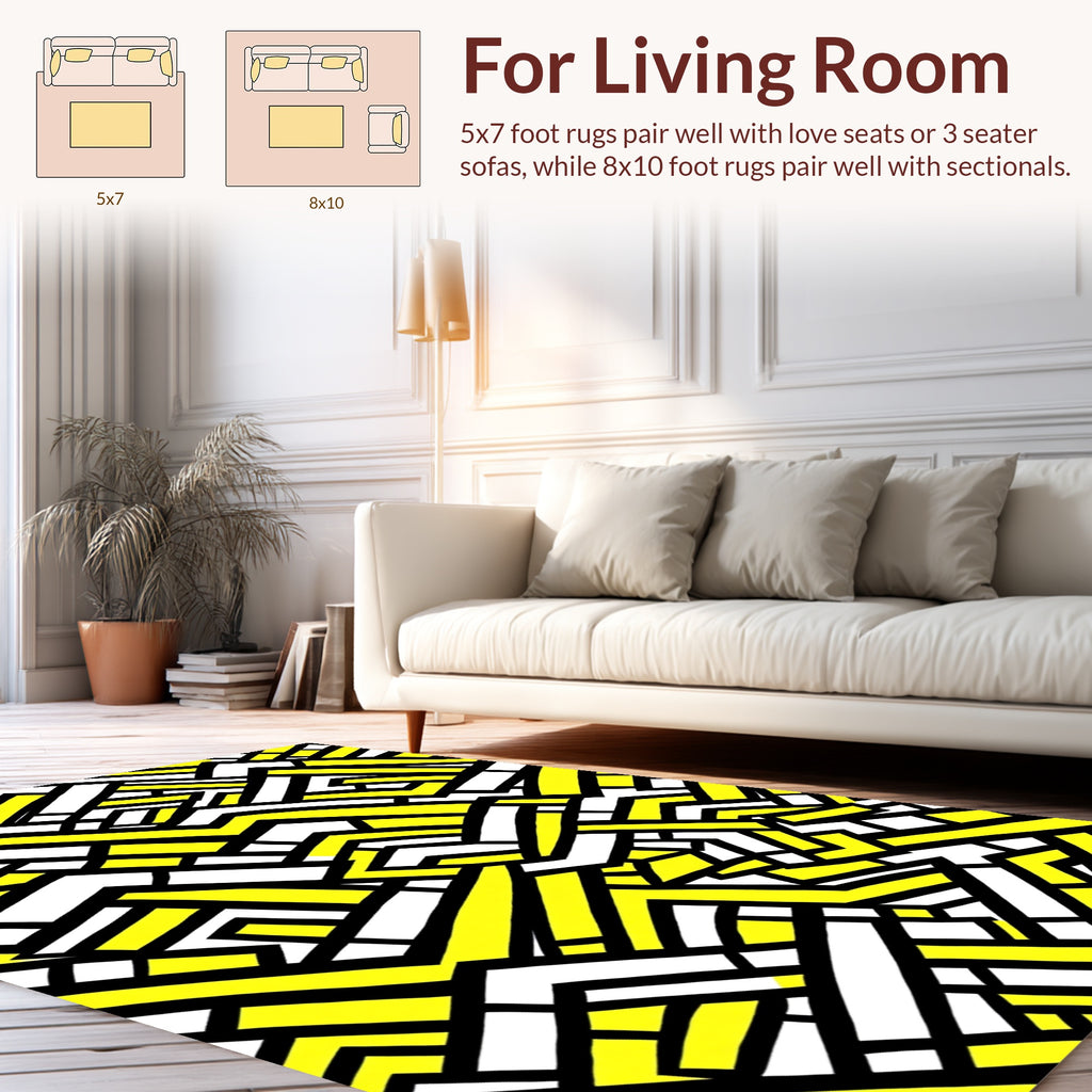 Bold Yellow White Geometric Maze Design Rug