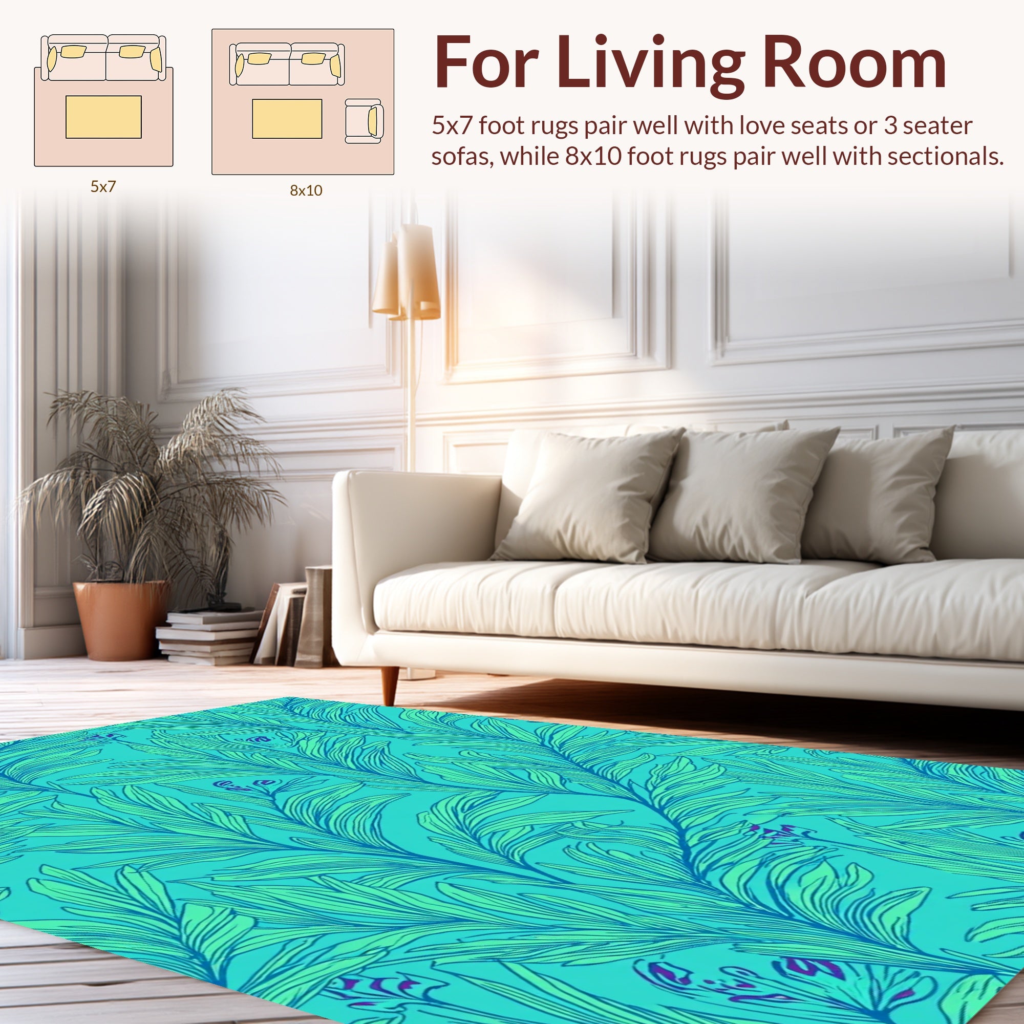 Teal Tropical Foliage Line Art Rug