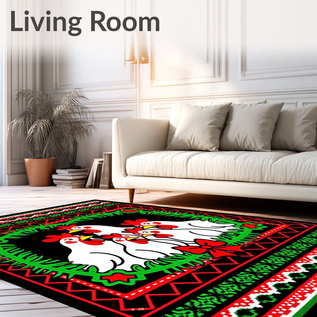 Christmas Chickens Wreath Red Green Rug