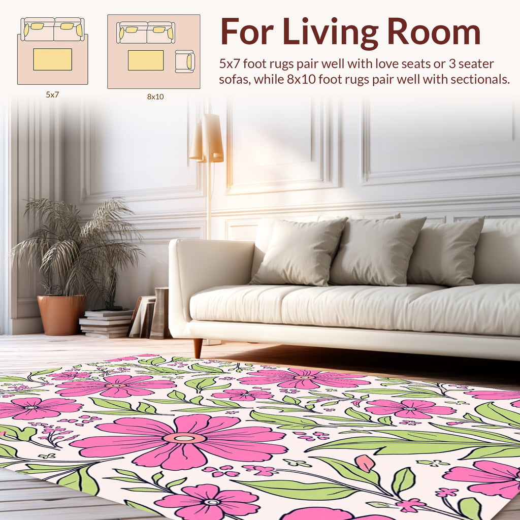 Pink Floral Pattern with Leaves Rug