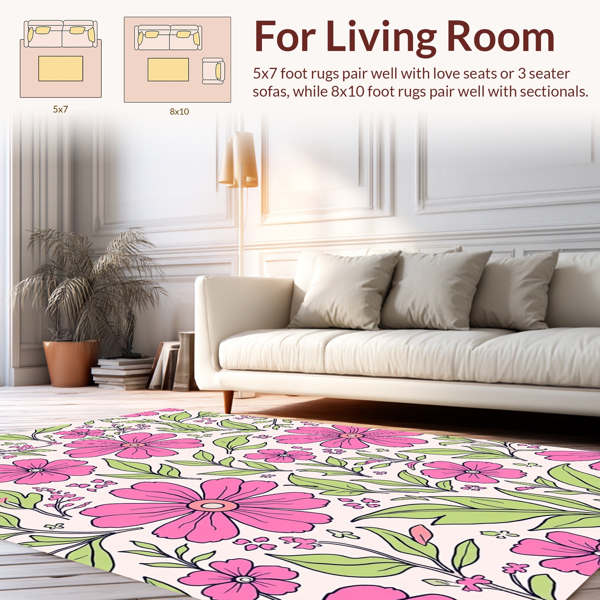 Pink Floral Pattern with Leaves Rug