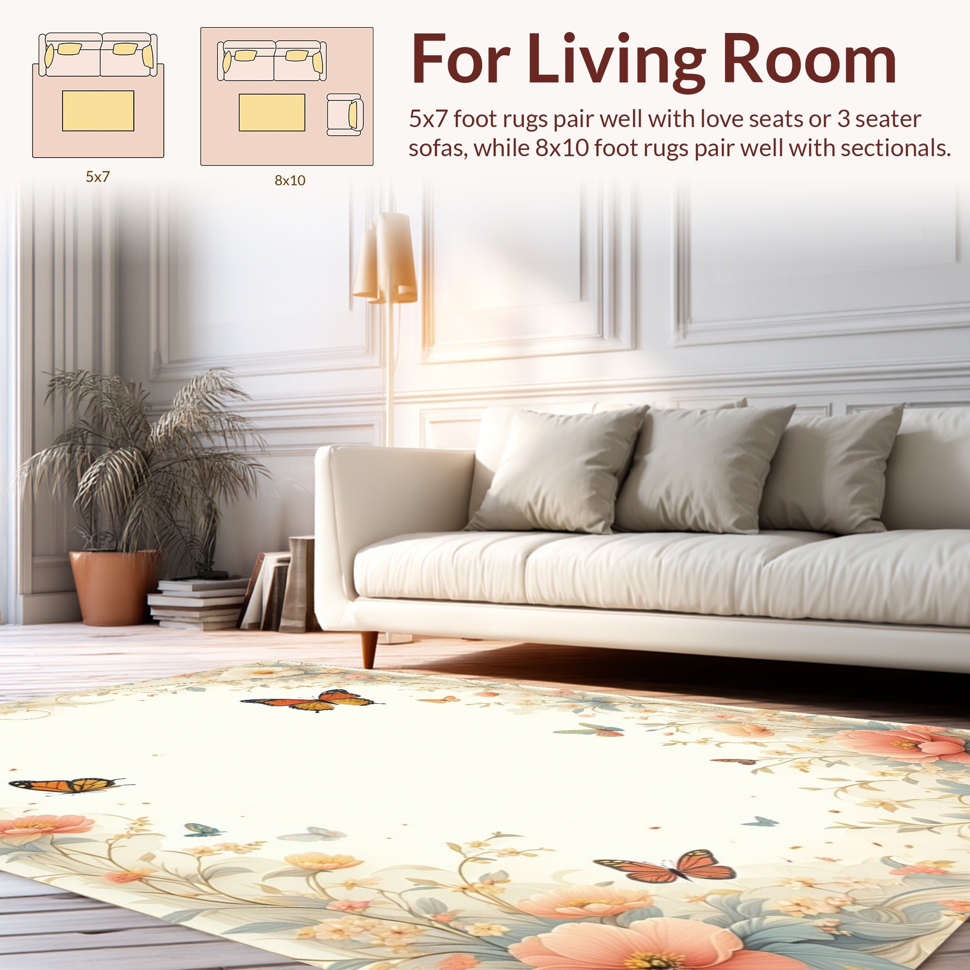 Delicate Floral Butterfly Meadow Design Rug