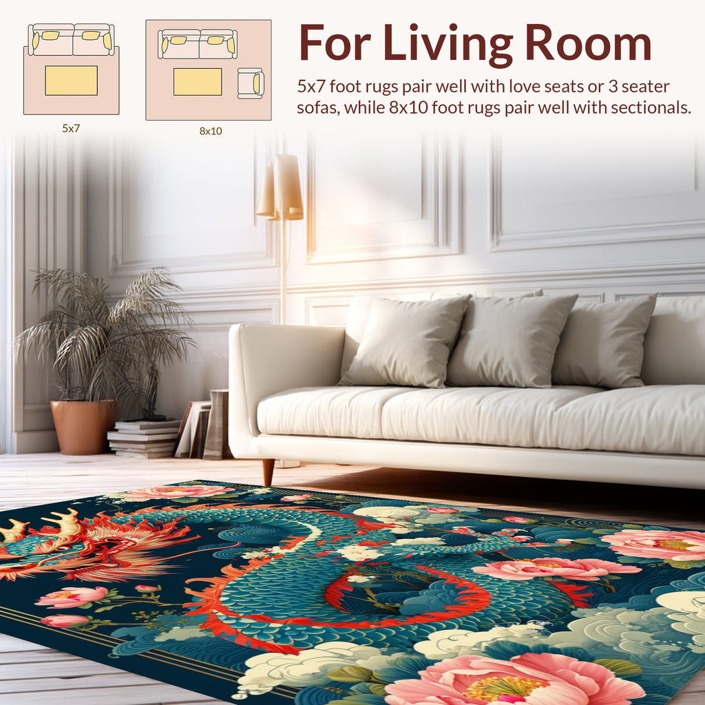 Blue Dragon Pink Peony Floral Pattern Rug