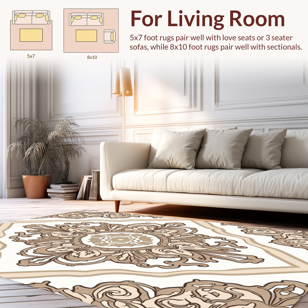 Cream and Brown Damask Pattern Rug