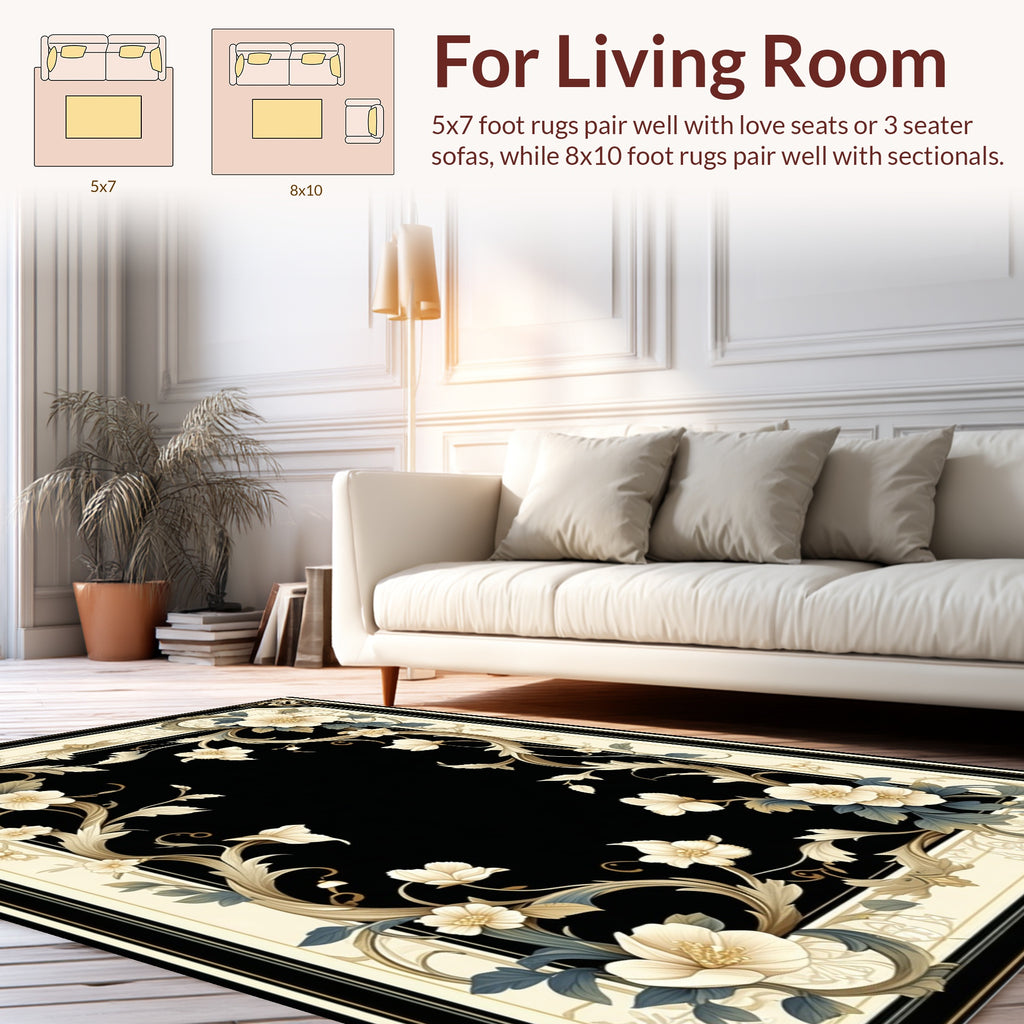 Ornate Floral Scrollwork Black Frame Rug