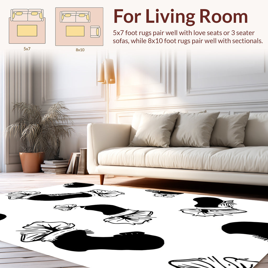 Bold Black White Floral Pattern Rug