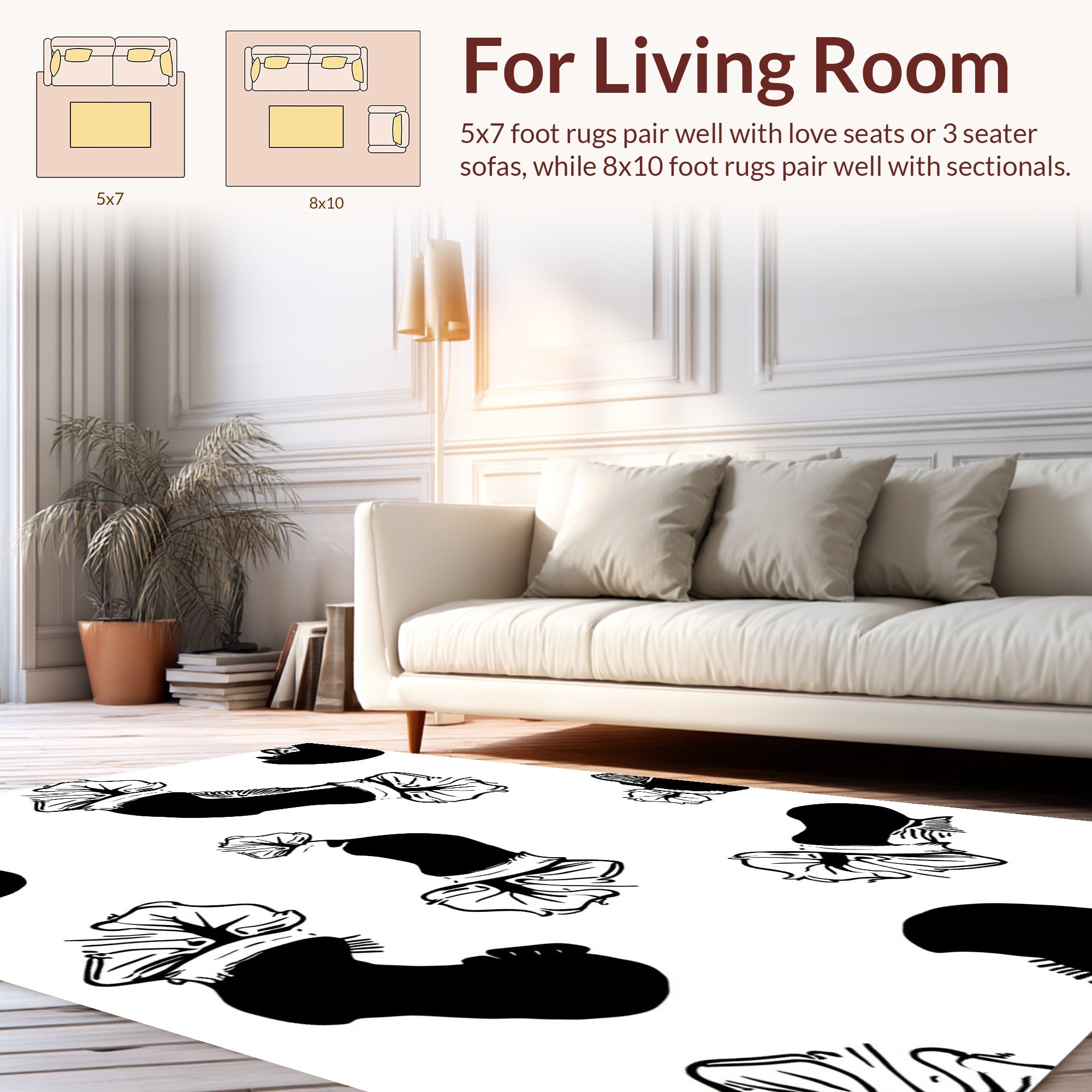 Bold Black White Floral Pattern Rug