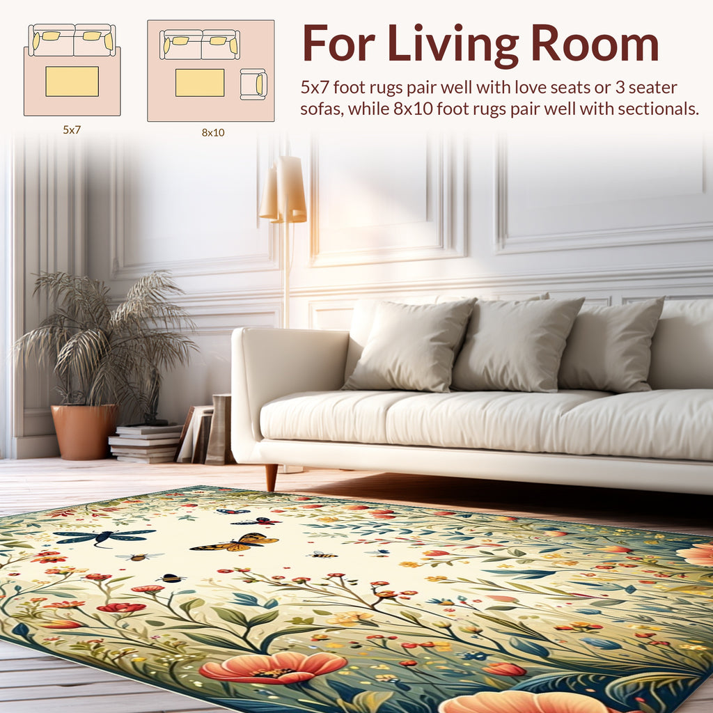 Whimsical Garden Insects Floral Pattern Rug