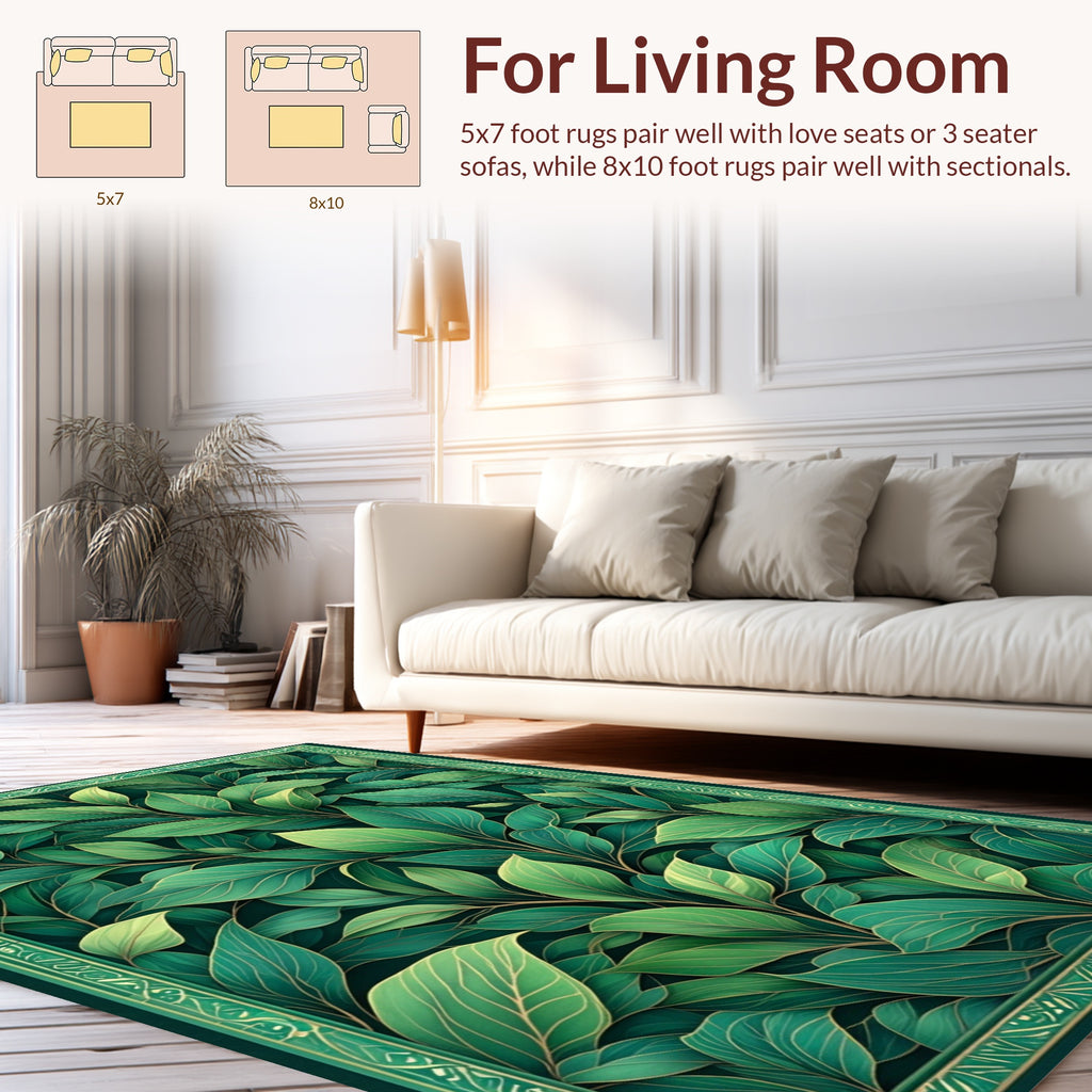 Emerald Green Leafy Vine Botanical Pattern Rug