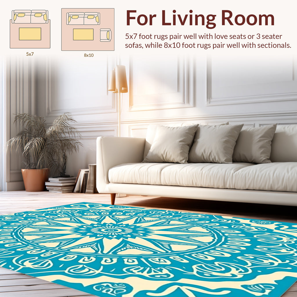 Teal Cream Intricate Mandala Pattern Rug