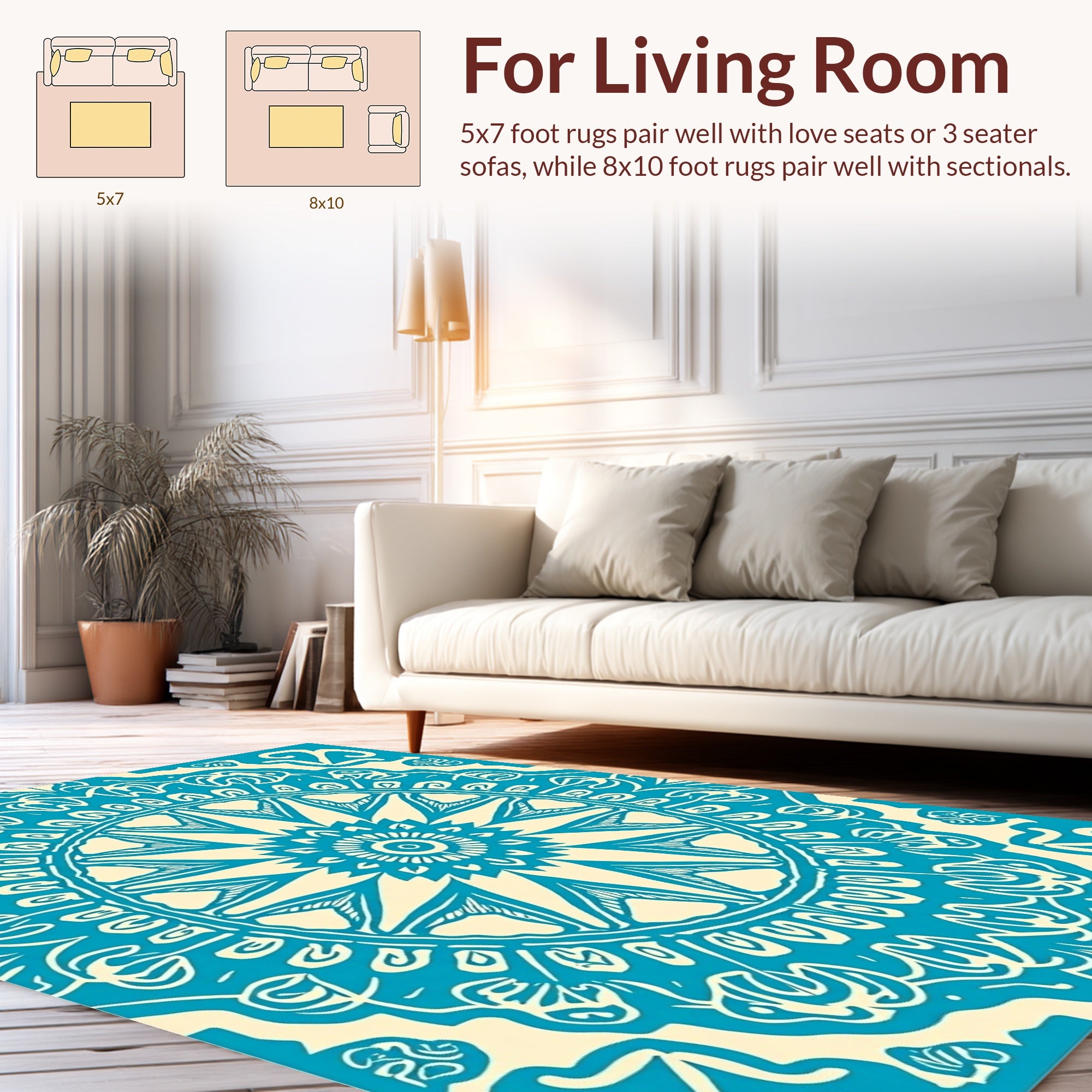 Teal Cream Intricate Mandala Pattern Rug