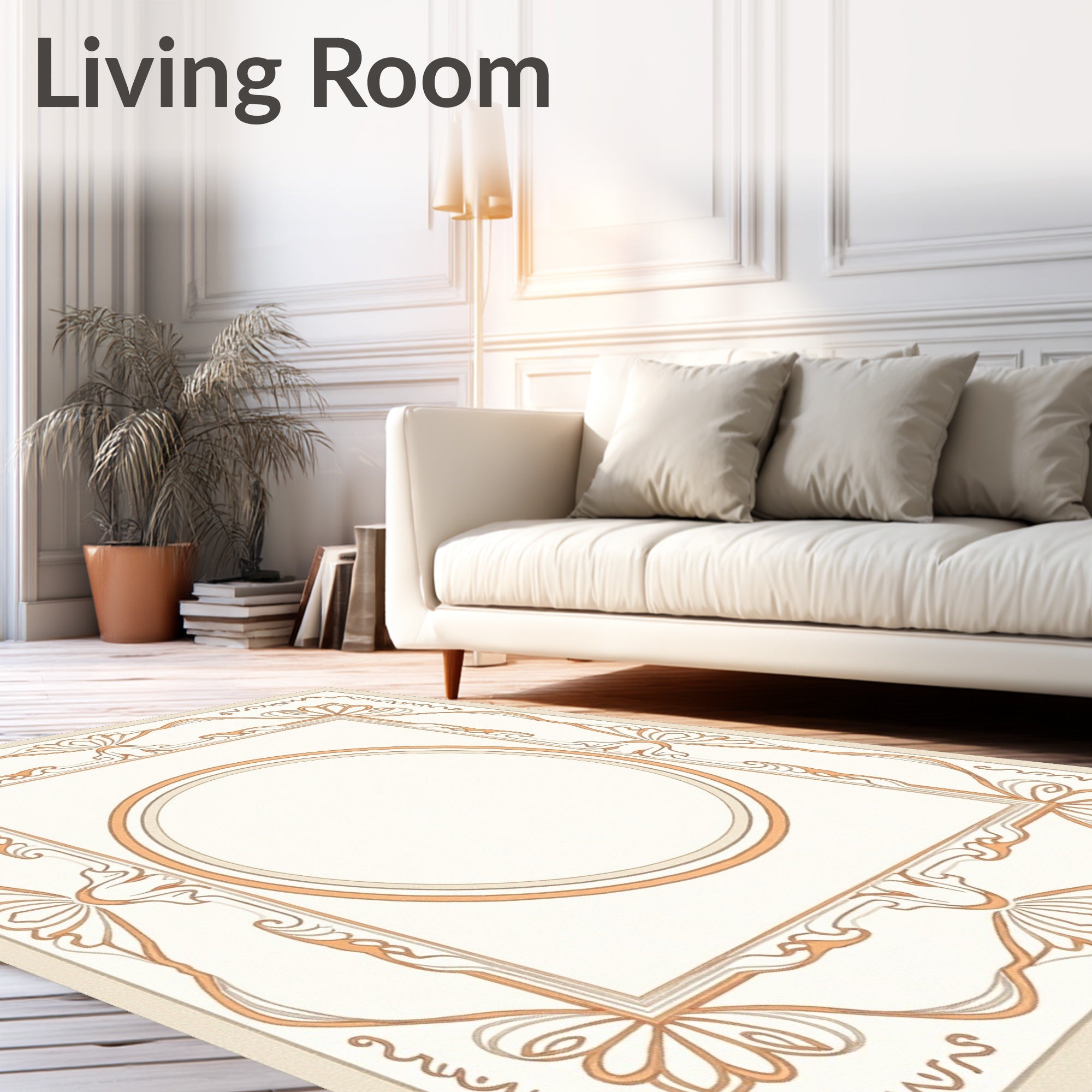 Cream and Coral Oval Frame Art Nouveau Rug