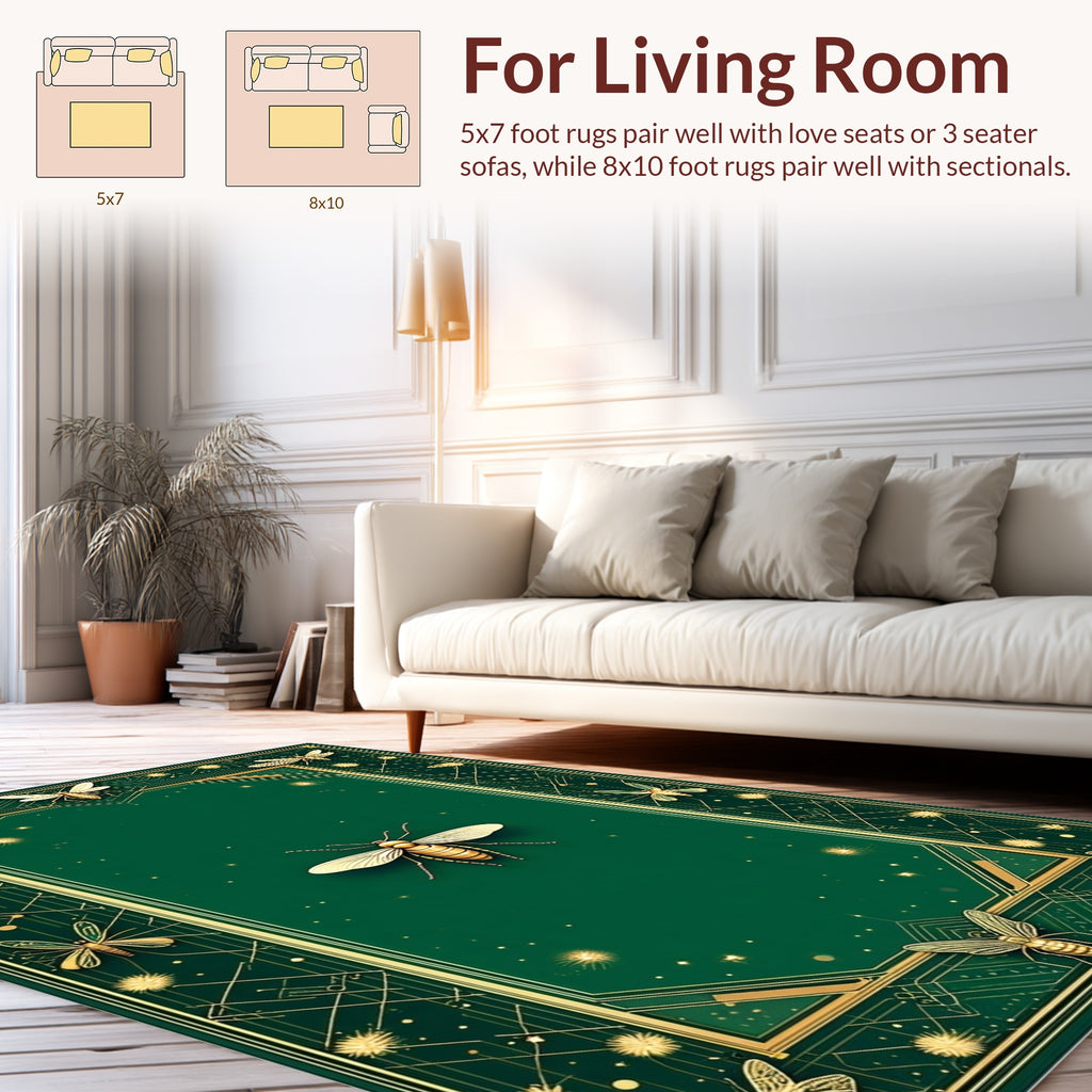 Opulent Green Gold Insect Pattern Rug