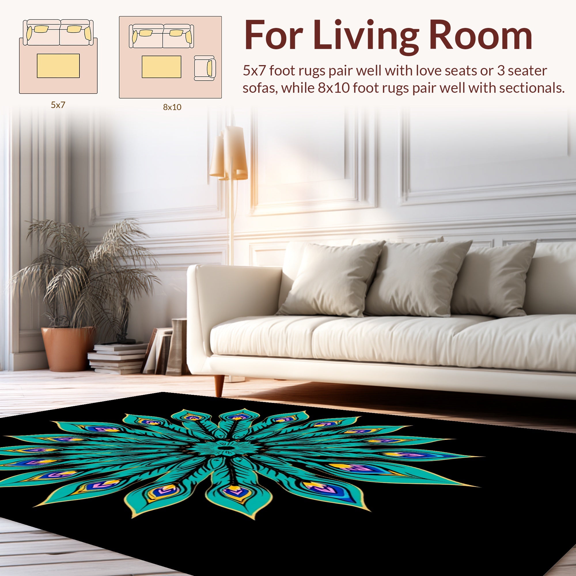 Vibrant Teal Peacock Feather Mandala Rug