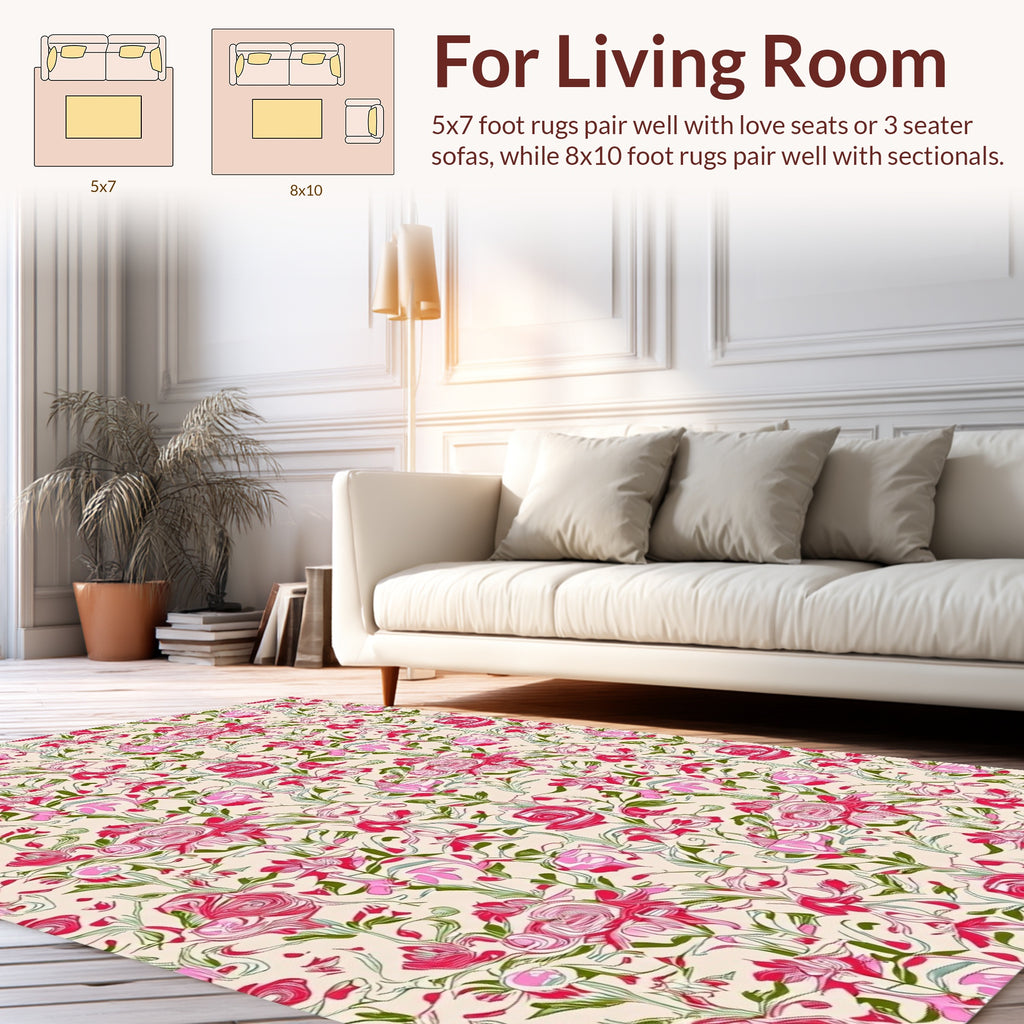 Whimsical Floral Pattern with Pink Roses Rug