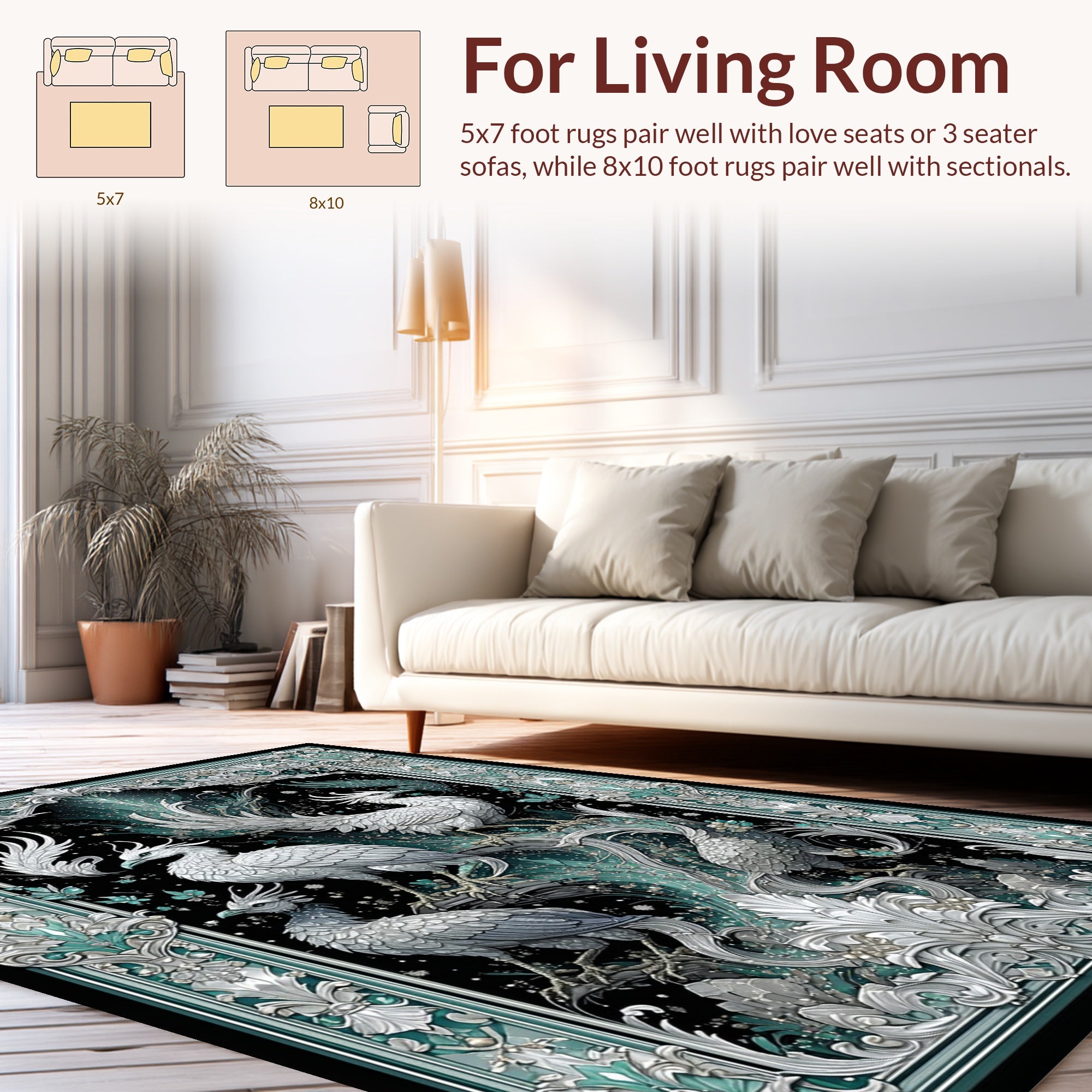 Ornate White Birds Teal Feather Design Rug