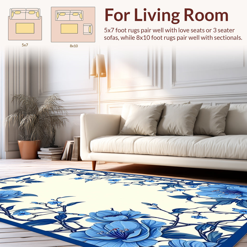 Charming Blue Floral Vines Design Rug