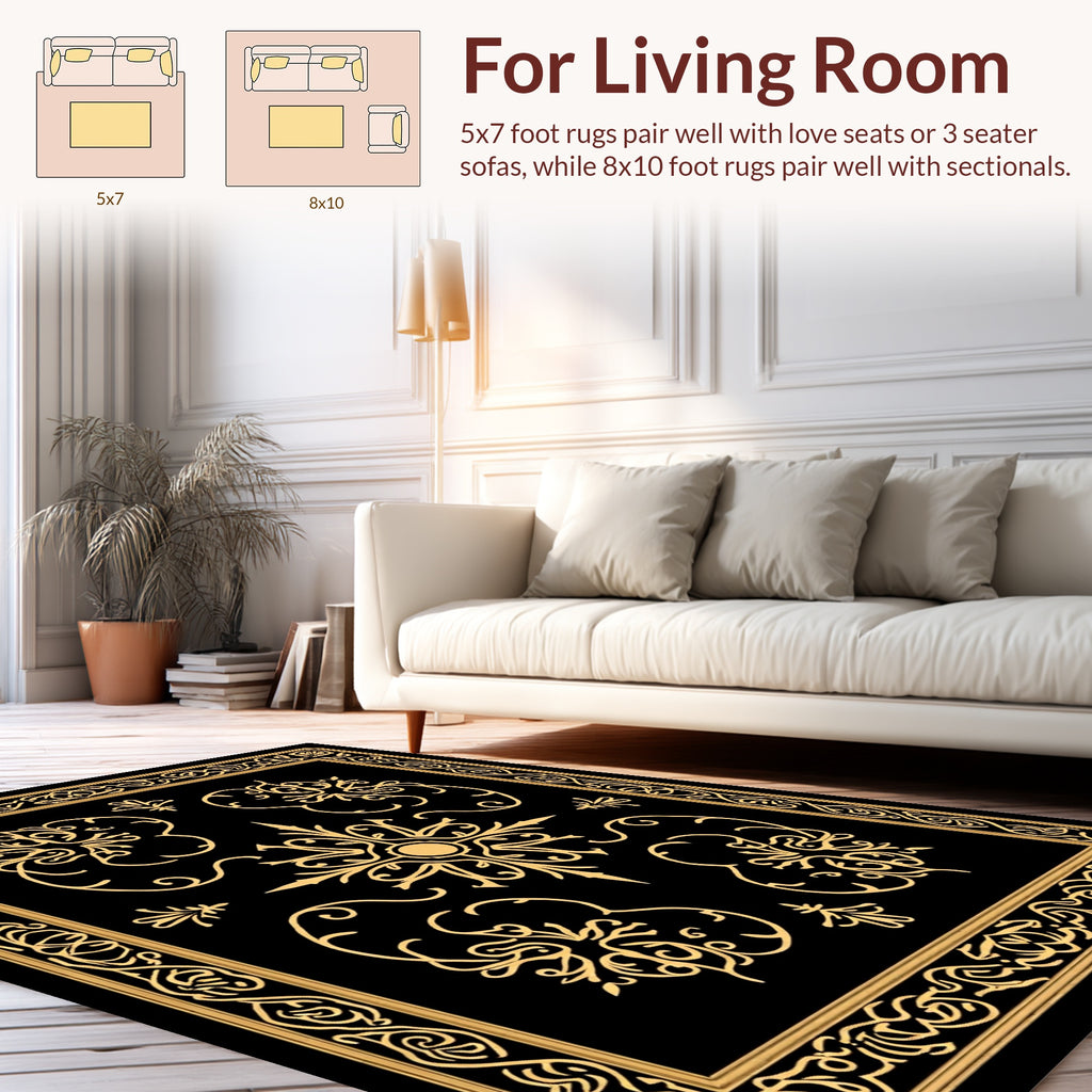 Elegant Gold Black Intricate Floral Rug