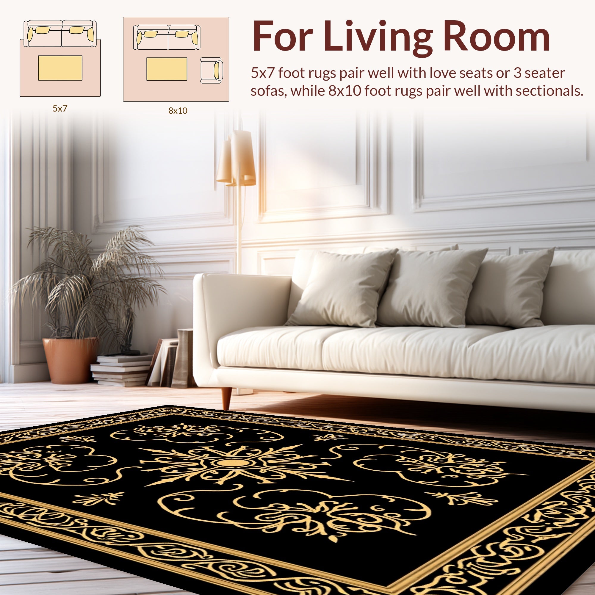 Elegant Gold Black Intricate Floral Rug