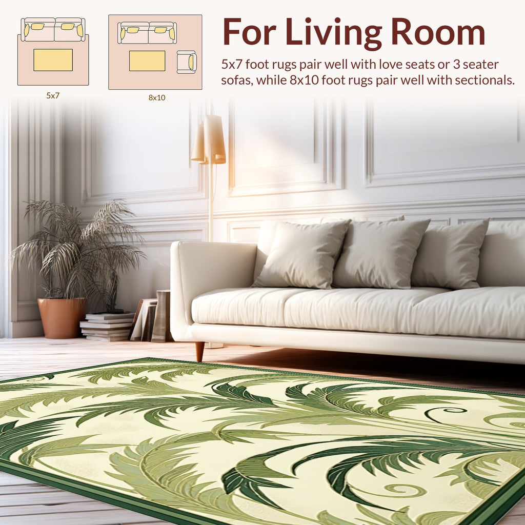 Lush Green Palm Frond Pattern Rug