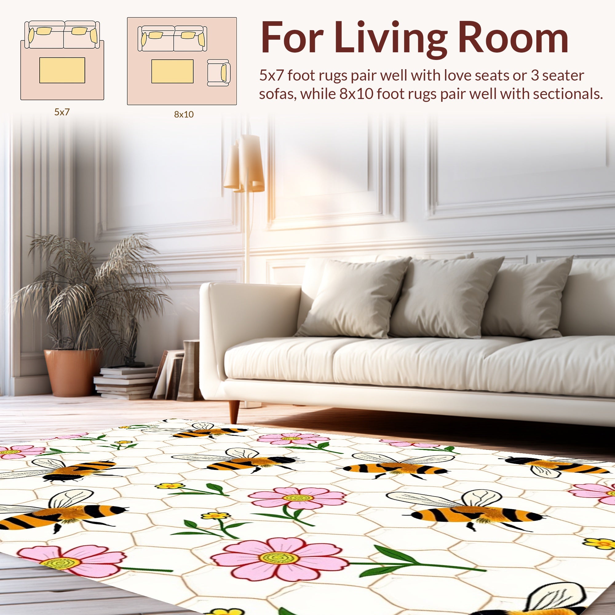 Cute Bumblebee And Flower Honeycomb Rug
