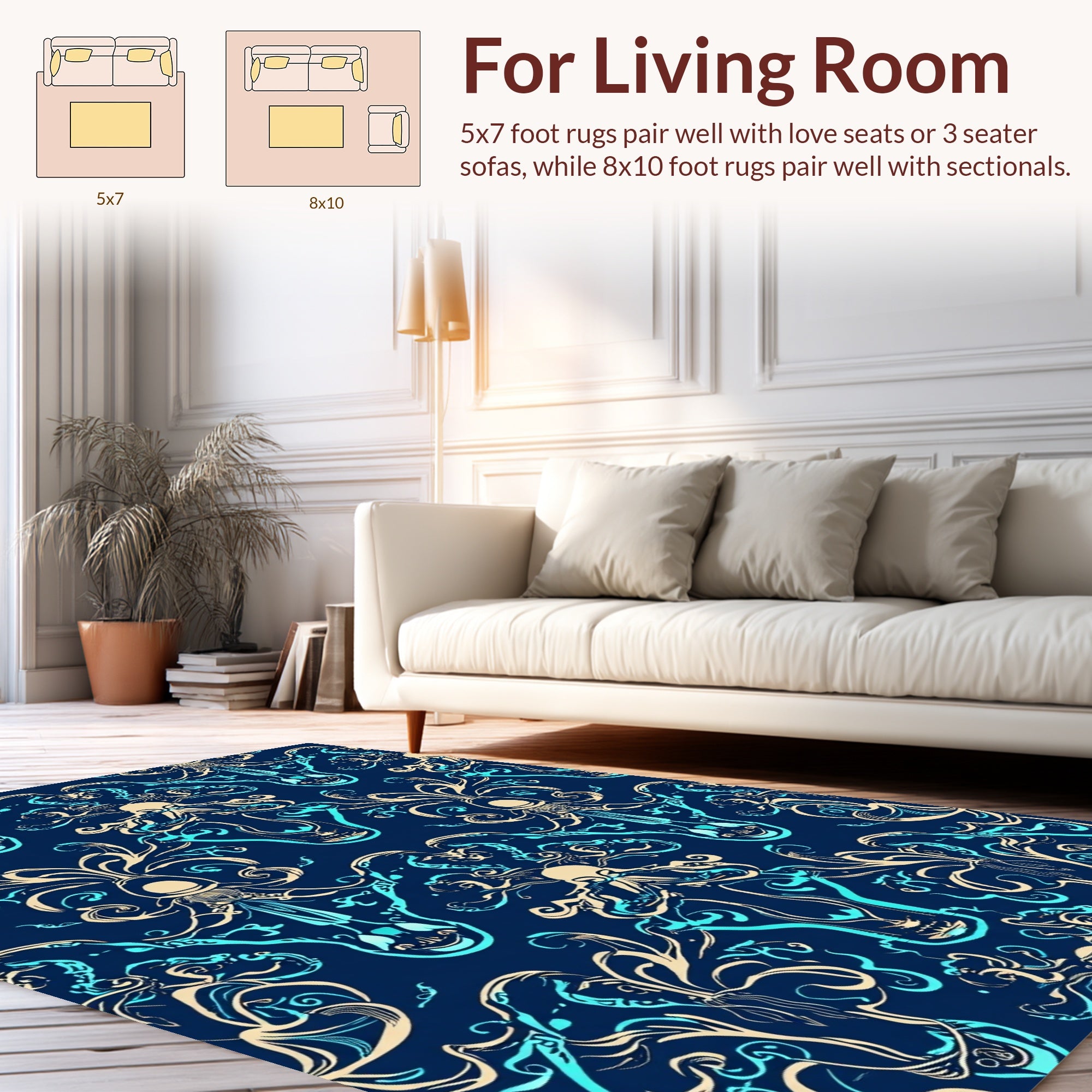 Teal Tan Marine Creature Pattern Rug