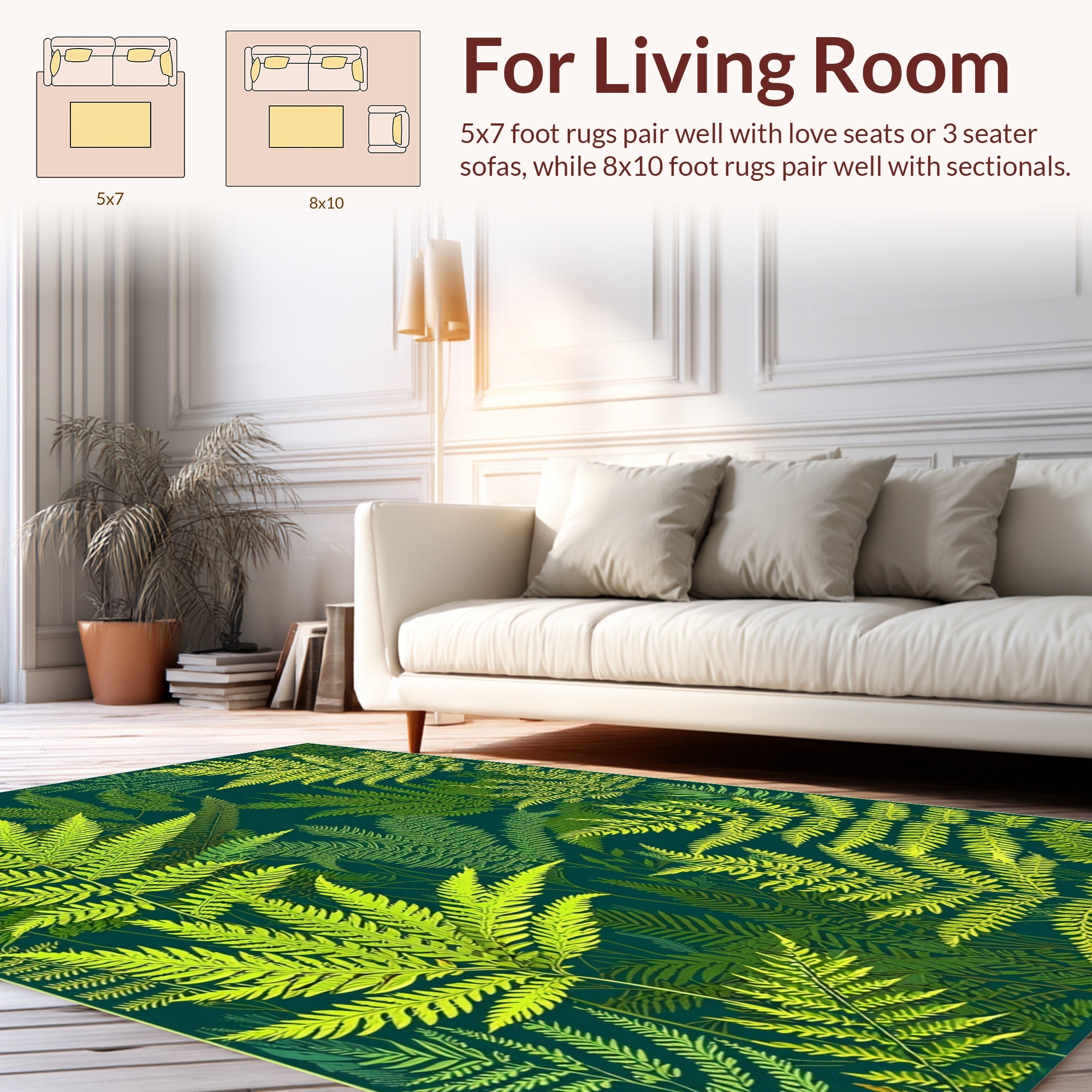 Lush Green Fern Frond Pattern Rug