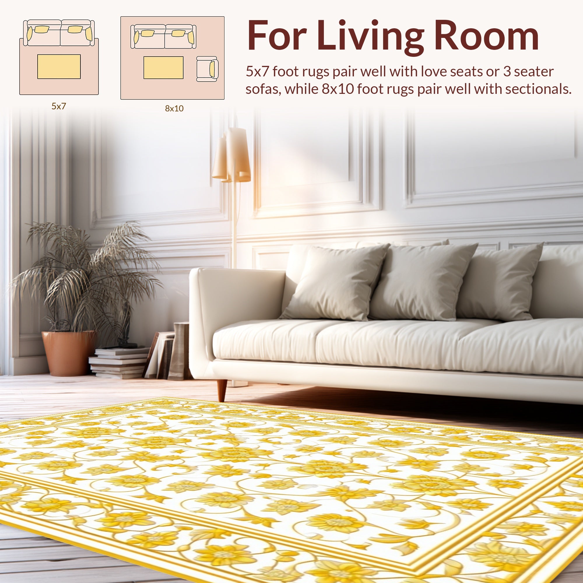 Golden Yellow Floral Vine Pattern Rug