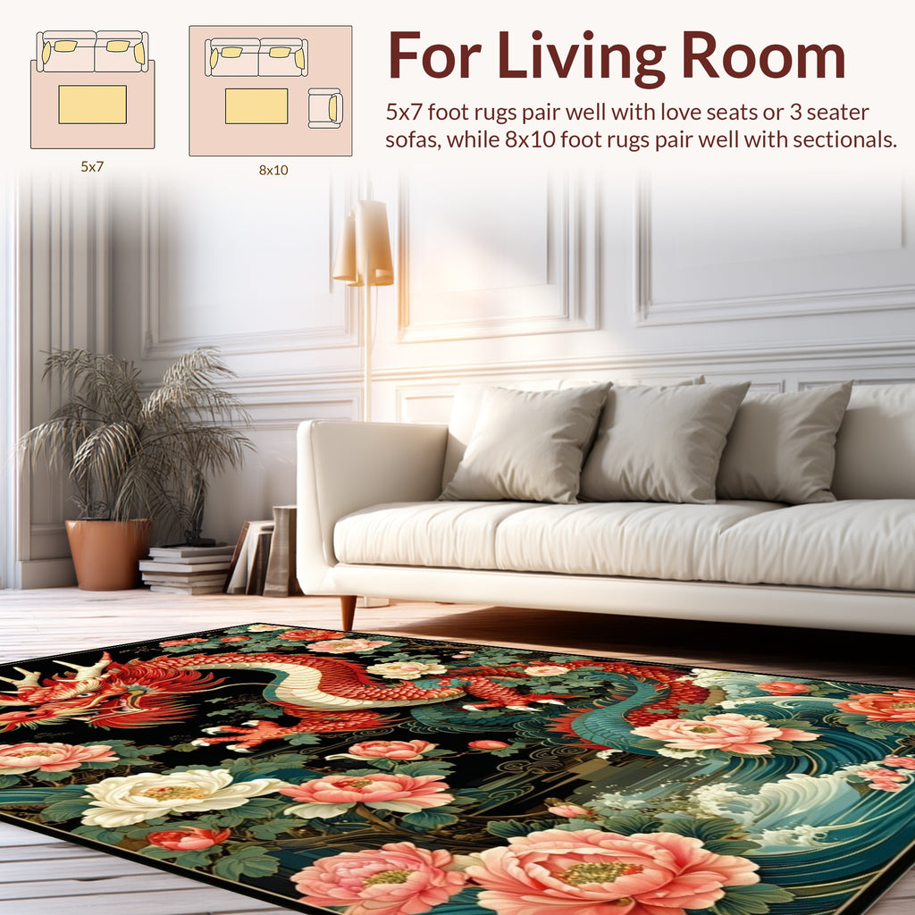 Red Dragon With Pink Floral Design Rug