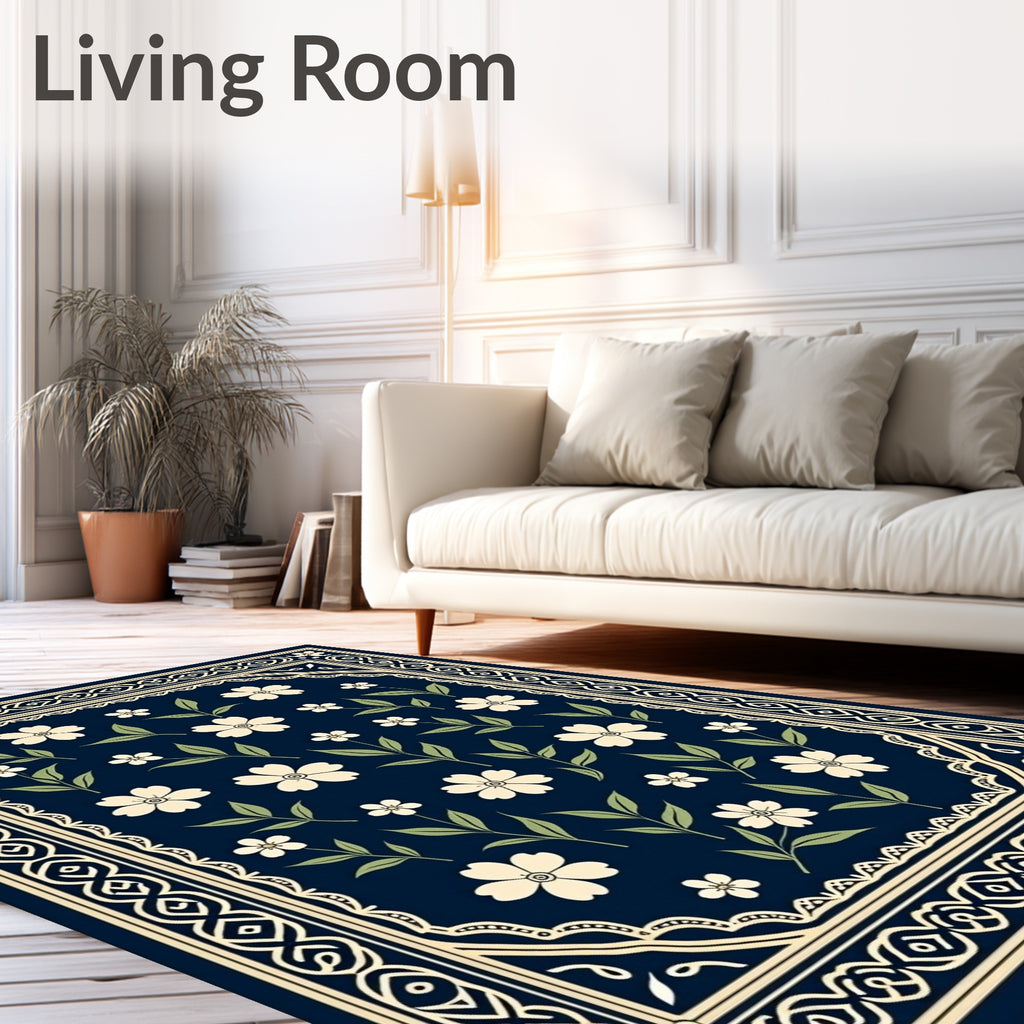 Deep Navy White Blossom Garden Rug
