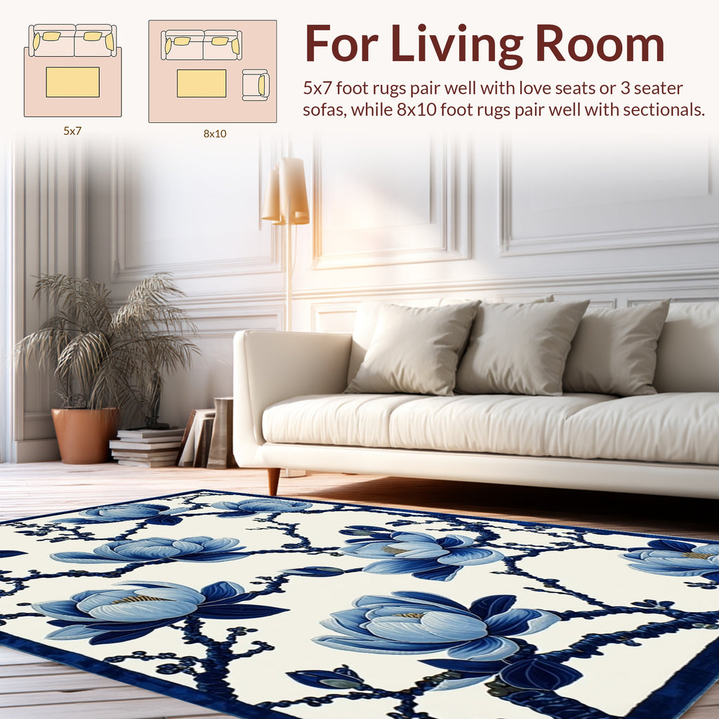 Blue Floral Branch Pattern Rug