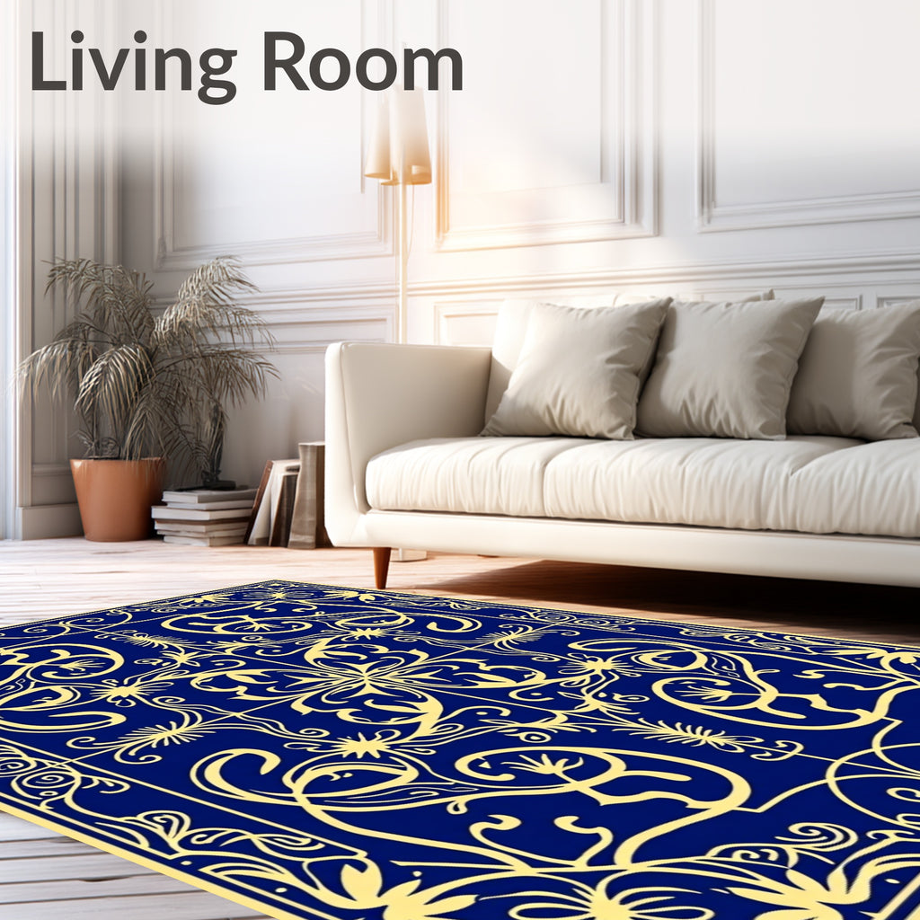 Royal Blue Golden Floral Symmetry Rug
