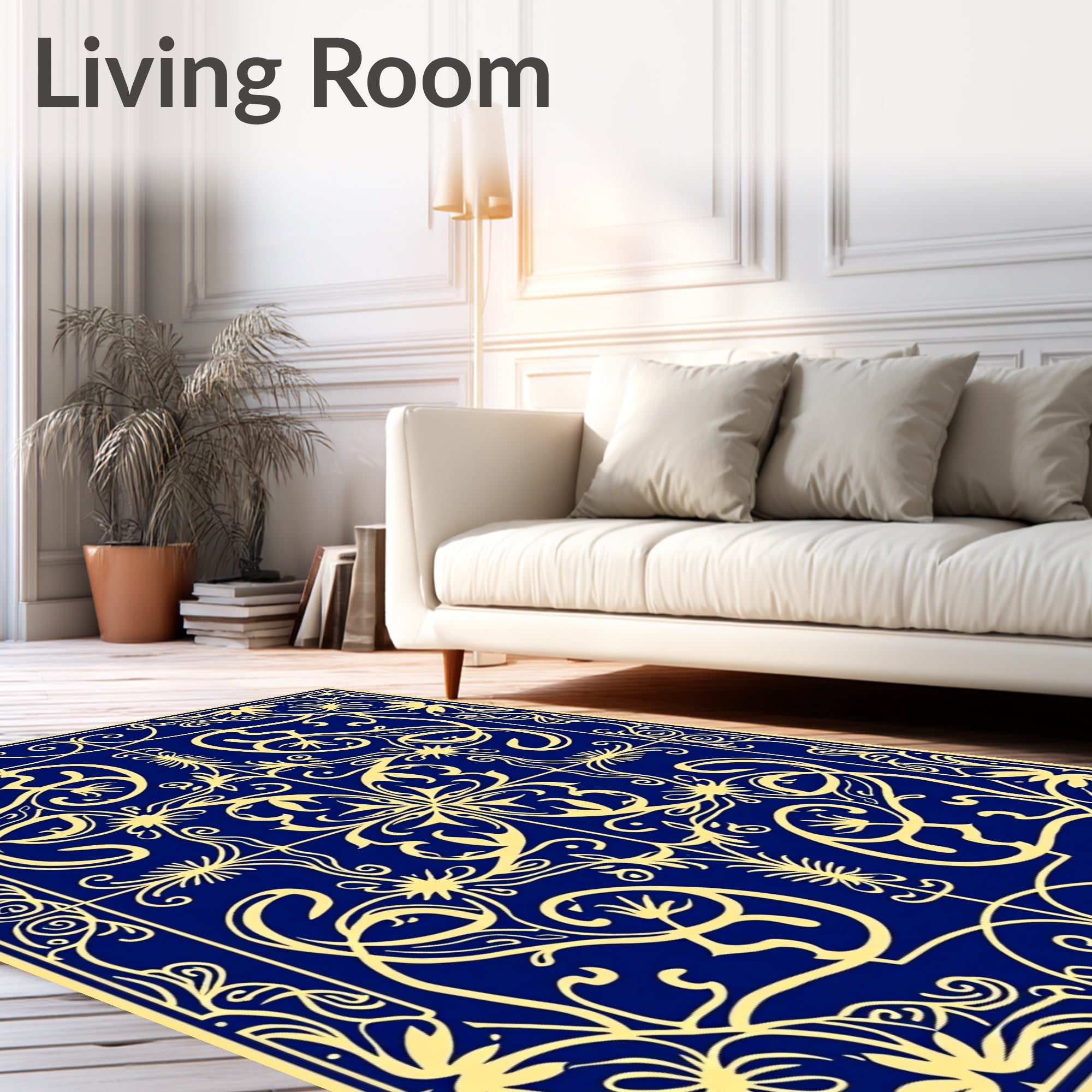 Royal Blue Golden Floral Symmetry Rug