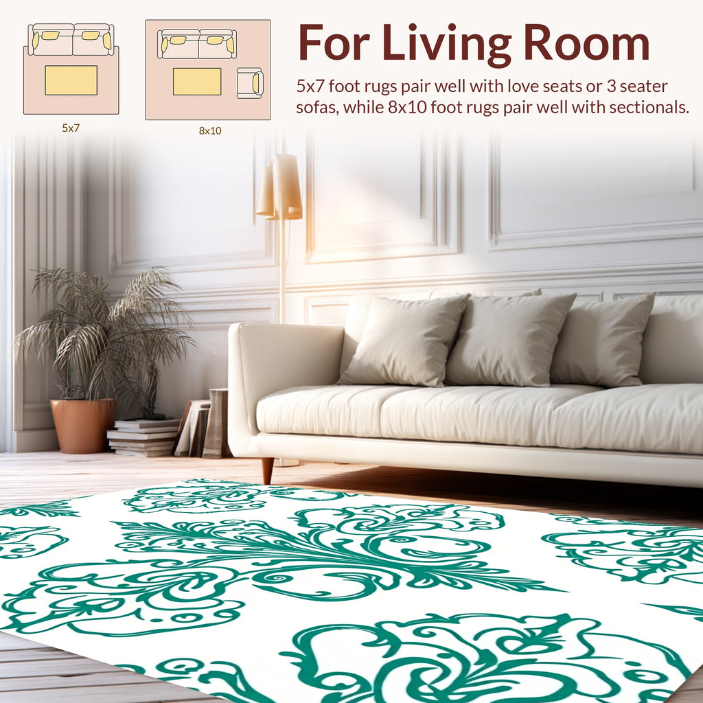 Teal Damask Ornate Scrolling Design Rug