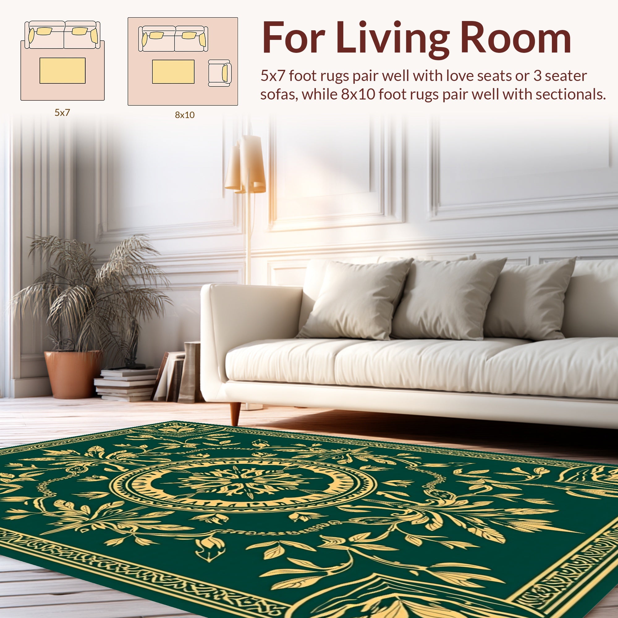Emerald Green Golden Floral Mandala Design Rug