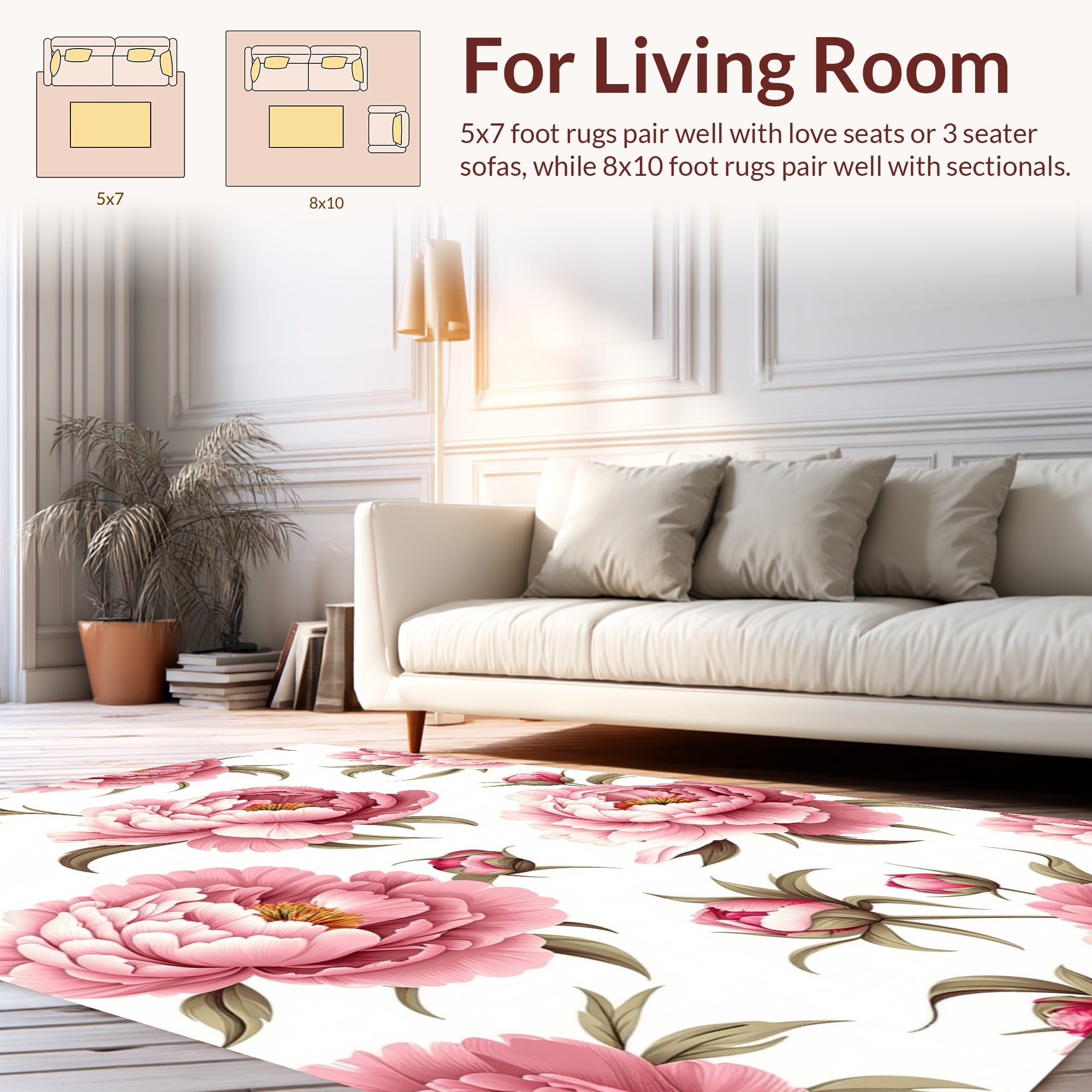Large Pink Floral Peony Pattern Rug