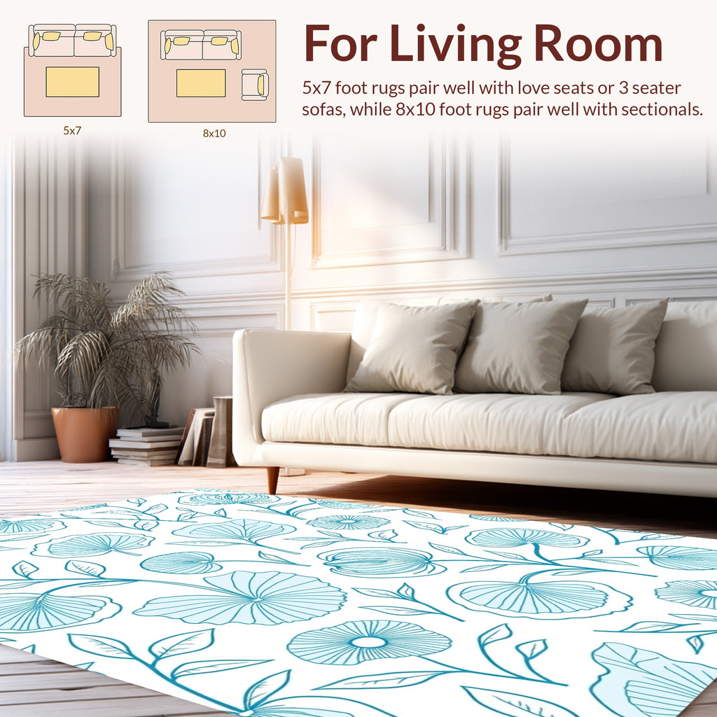 Delicate Teal Floral Outline Pattern Rug