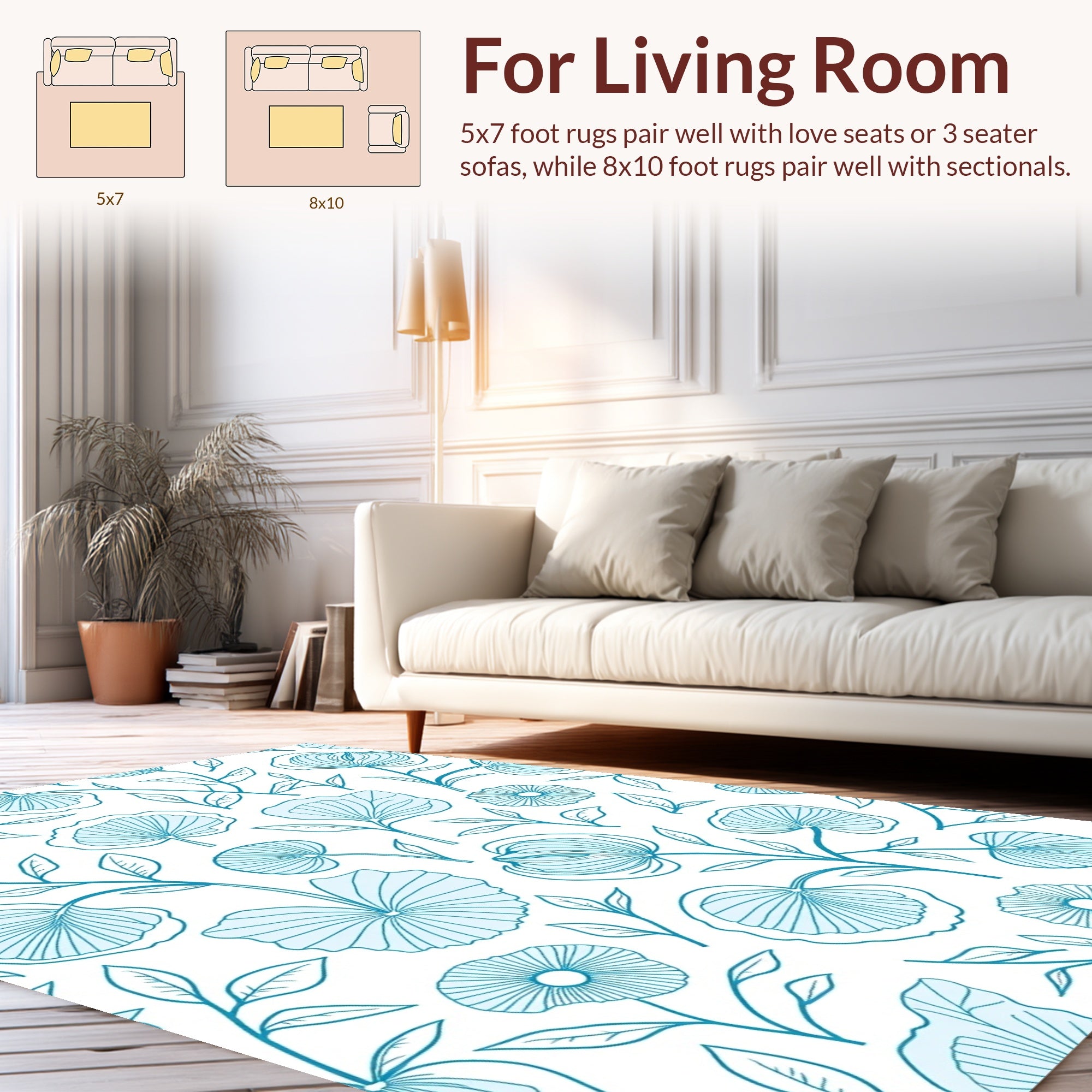 Delicate Teal Floral Outline Pattern Rug