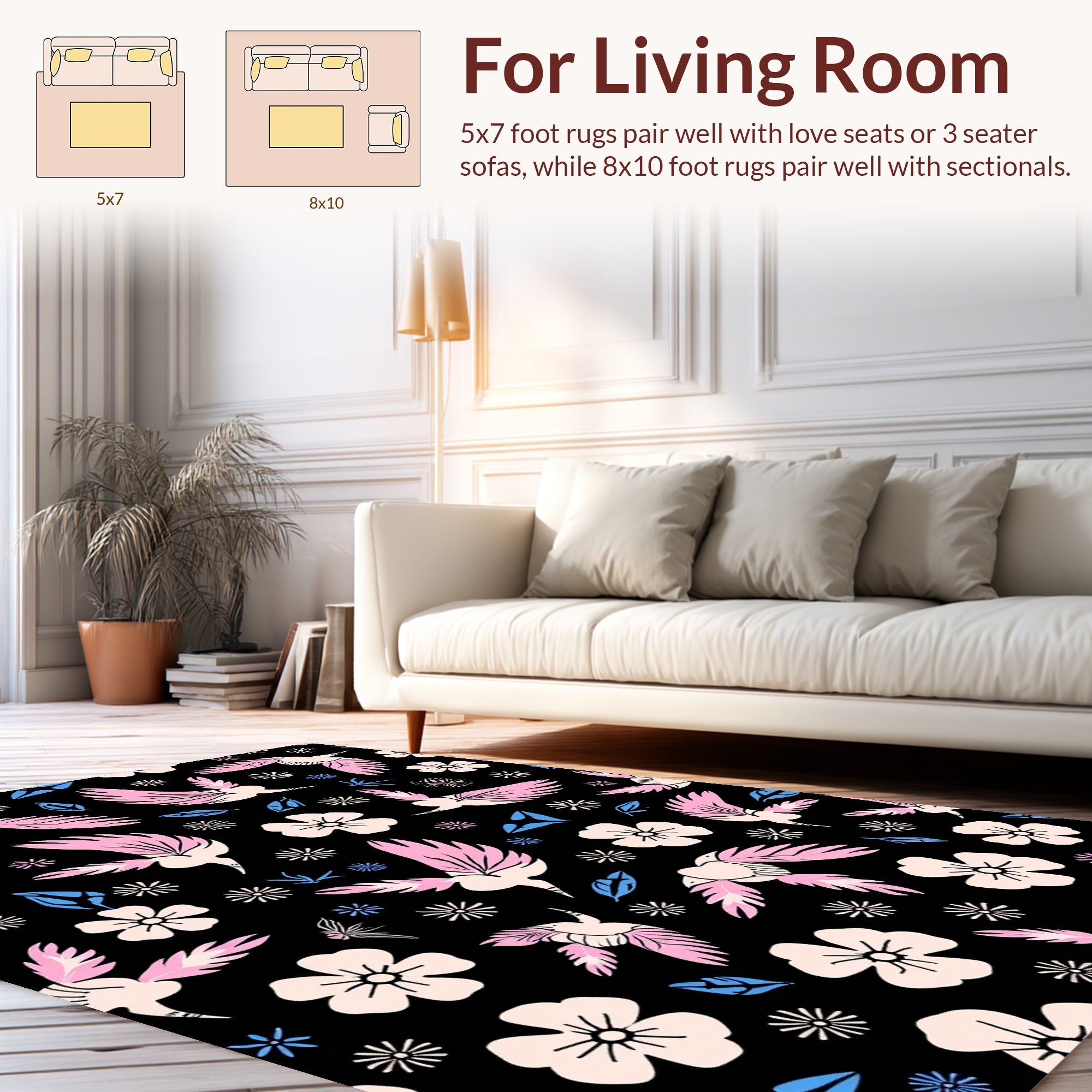 Pink Bird and Flower Pattern Rug