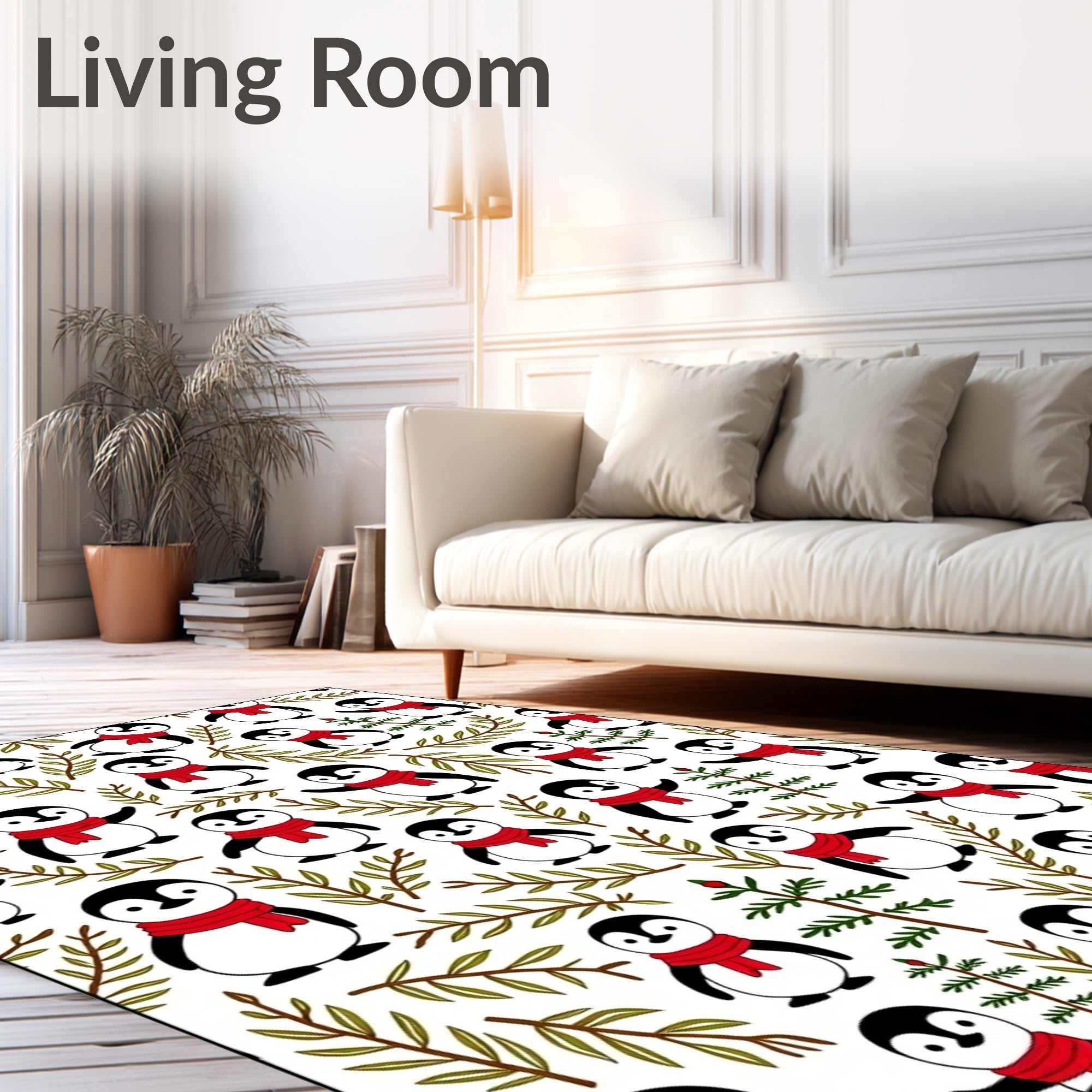 Cute Red Scarf Penguin Winter Branches Rug