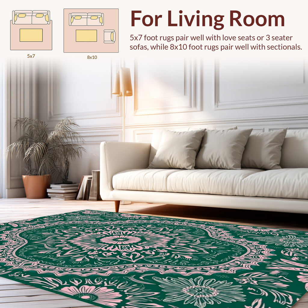 Floral Mandala Patterned Green Pink Rug