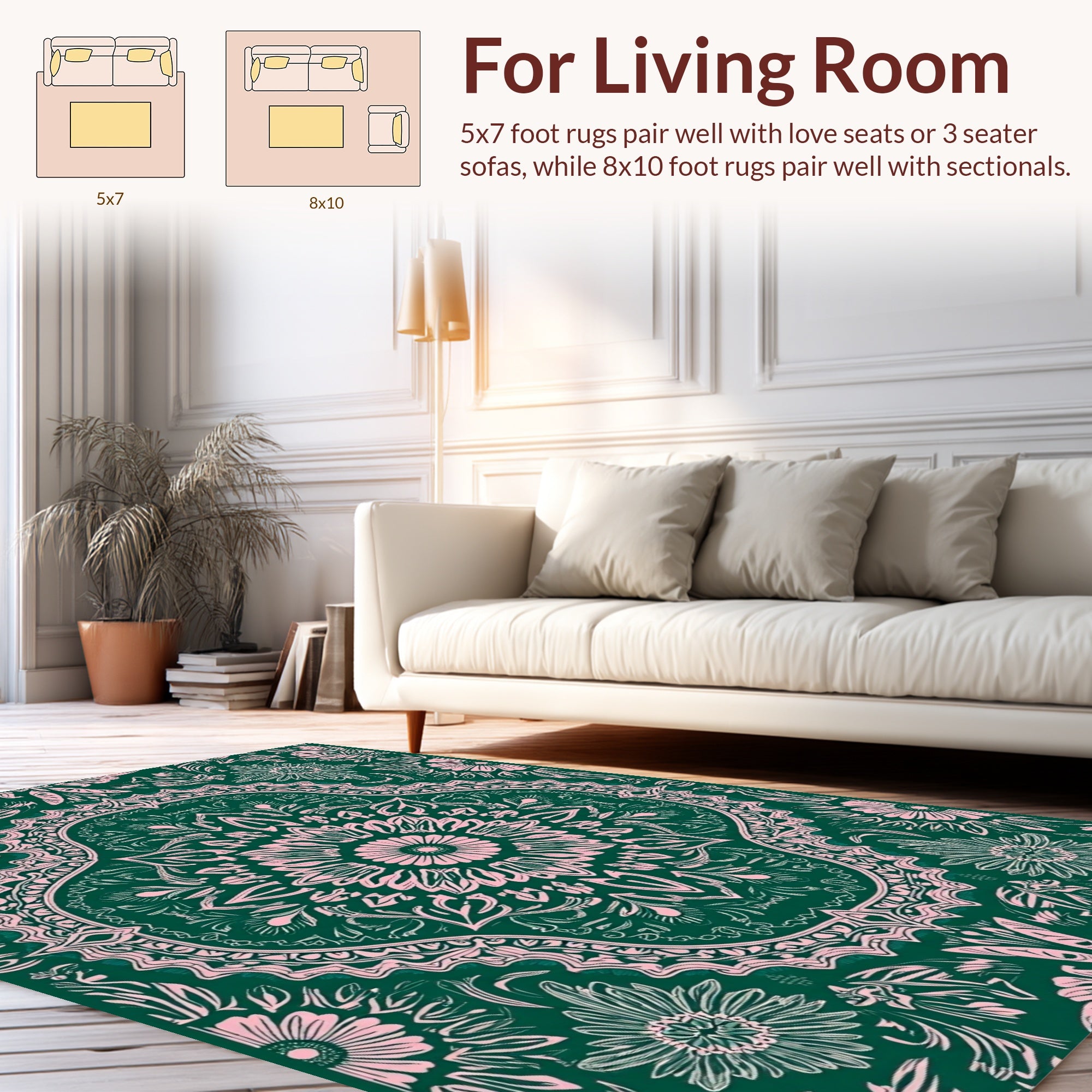 Floral Mandala Patterned Green Pink Rug