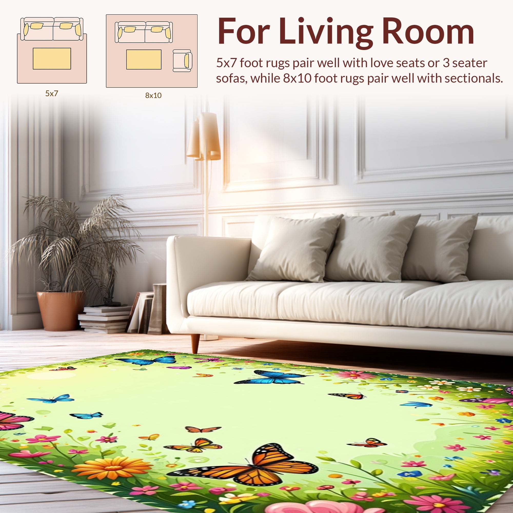 Whimsical Butterflies Floral Meadow Design Rug